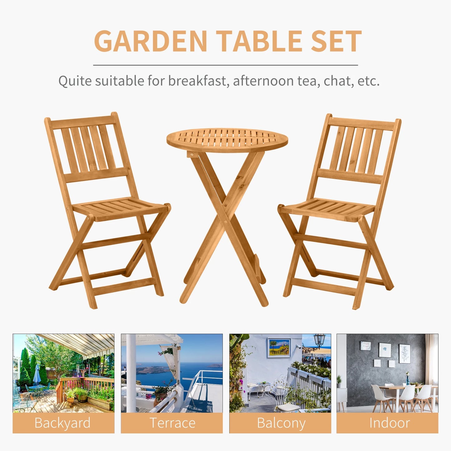 Patio Bistro Set, Wood Folding Table & Chairs, Acacia, Teak