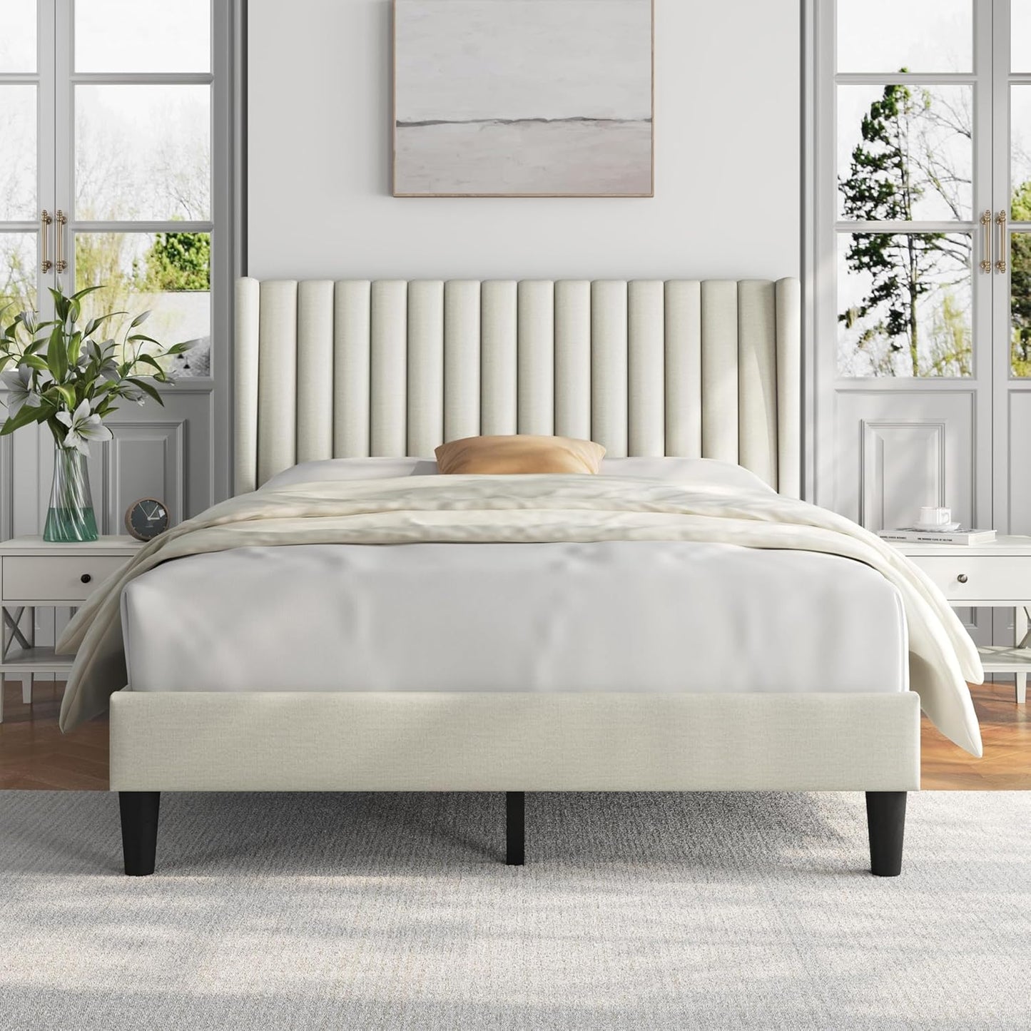 Queen Bed Frame Upholstered Platform Bed with Fabric Headboard, Wing Edge Design/Non-Slip and Noise-Free/Wooden Slats Support/No Box Spring Needed/Easy Assembly, Dark Gray Queen Bed