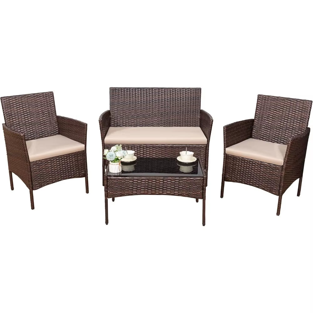 4 Pieces Outdoor Patio Furniture Set, PE Rattan Wicker Chairs Balcony Lawn Porch Patio Furniture Sets with Beige Cushion and Ta