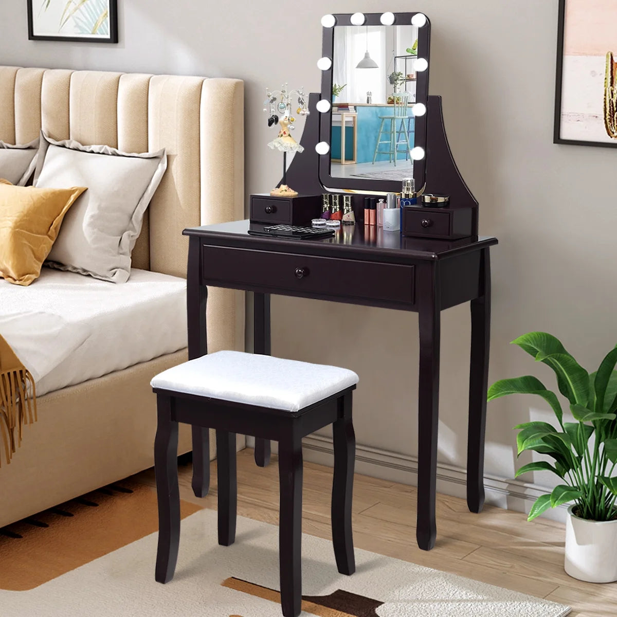 Vanity Table 10 Dimmable Bulbs Makeup Dressing Desk White