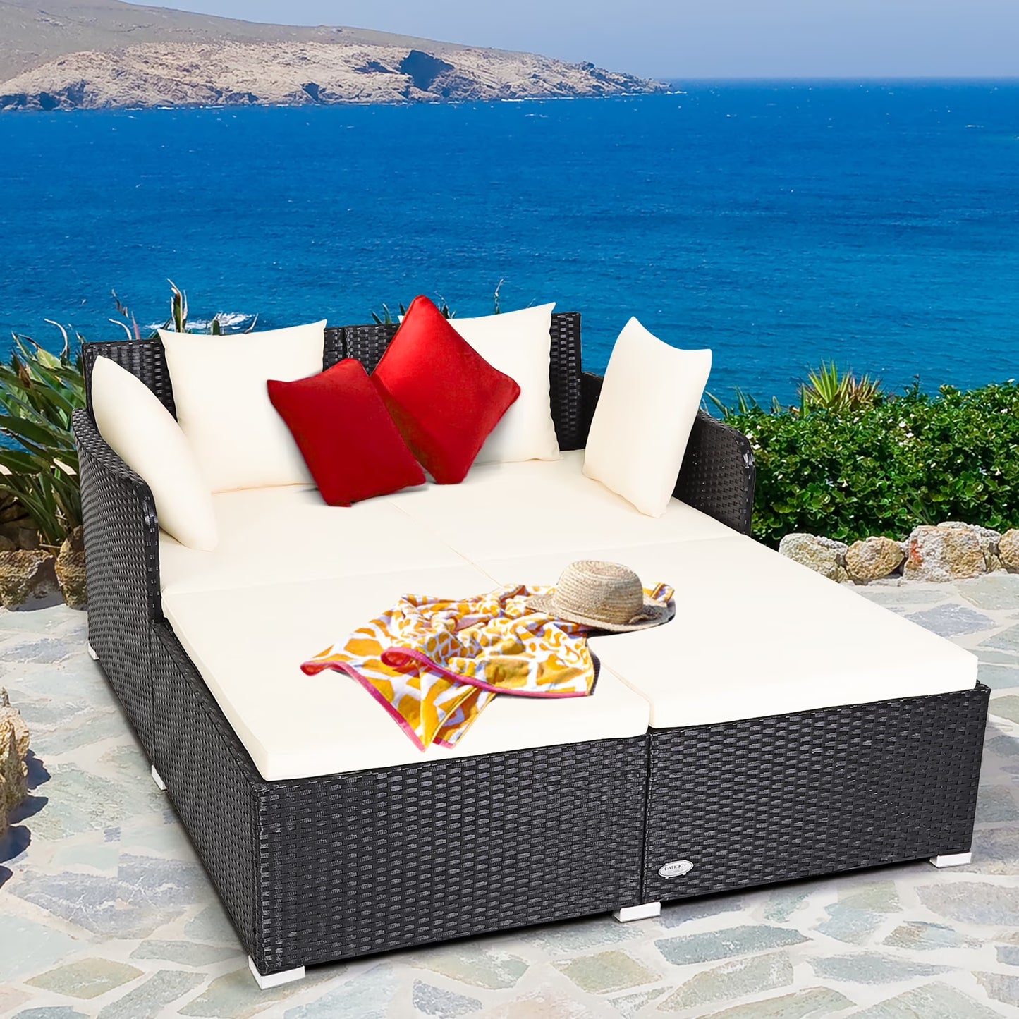 Outdoor Patio Rattan Daybed Pillows Cushioned Sofa Furniture Navy