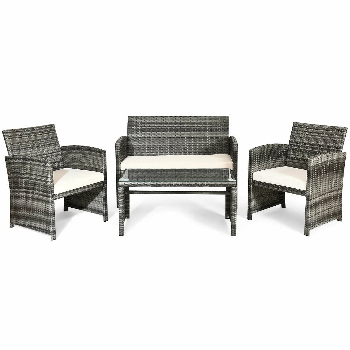 4PCS Rattan Patio Furniture Set Garden Sofa Cushioned Seat Mix Gray Wicker