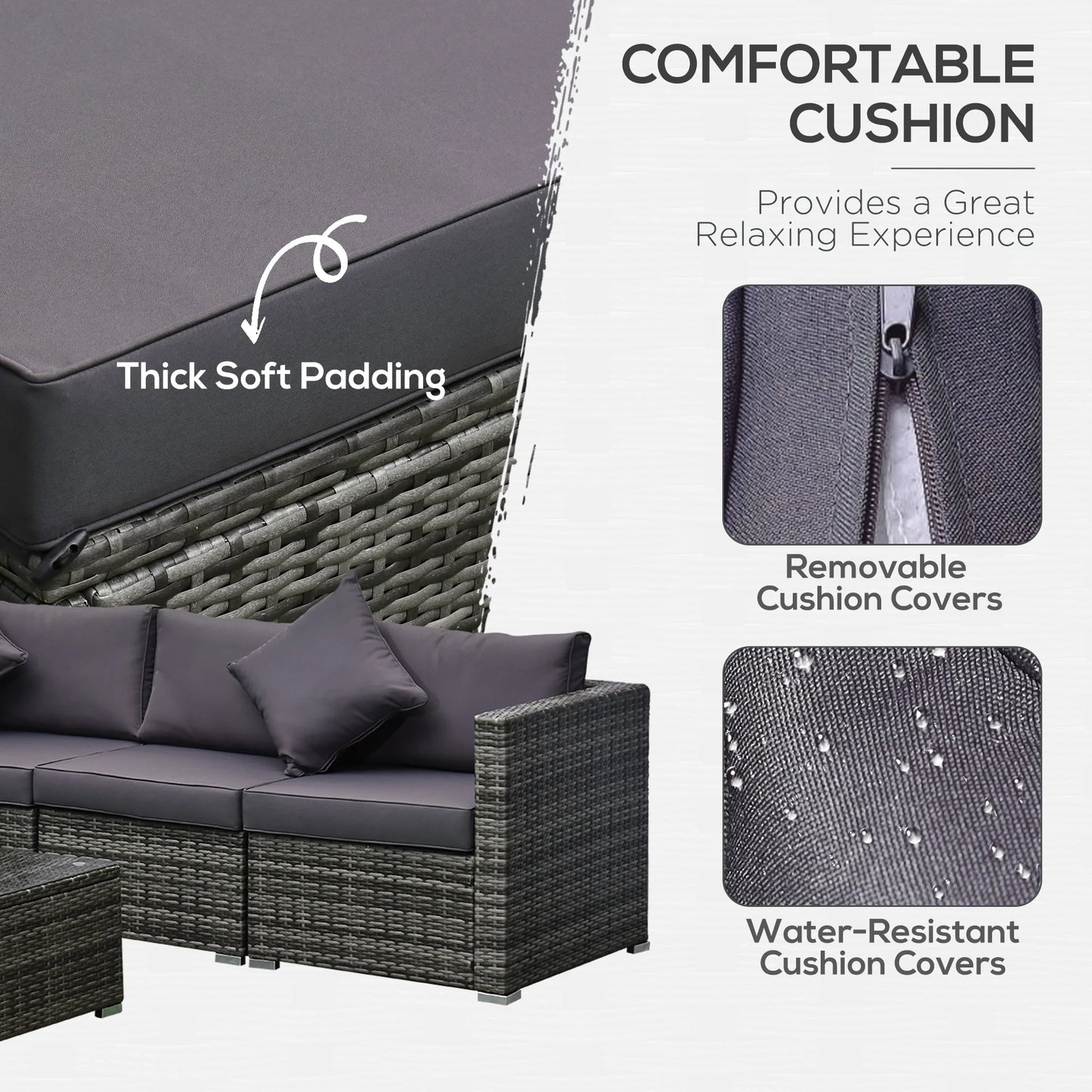 6 Pieces Patio Furniture Sets Outdoor Wicker All Weather PE Rattan Sectional Sofa Set with Ottoman, Cushions & Tempered Glass Desktop, Gray