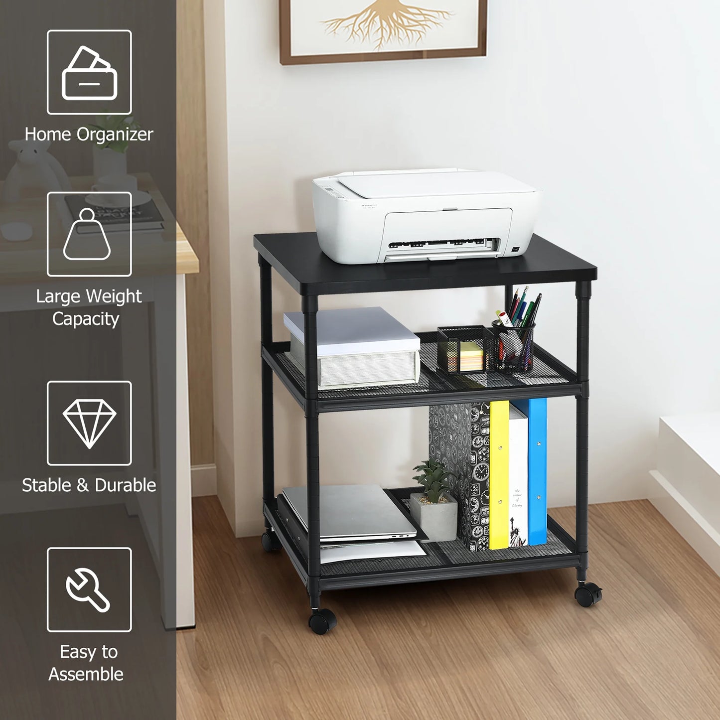 3-Tier Black Rolling Printer Stand 3-Tier Black Rolling Printer Stand, Black