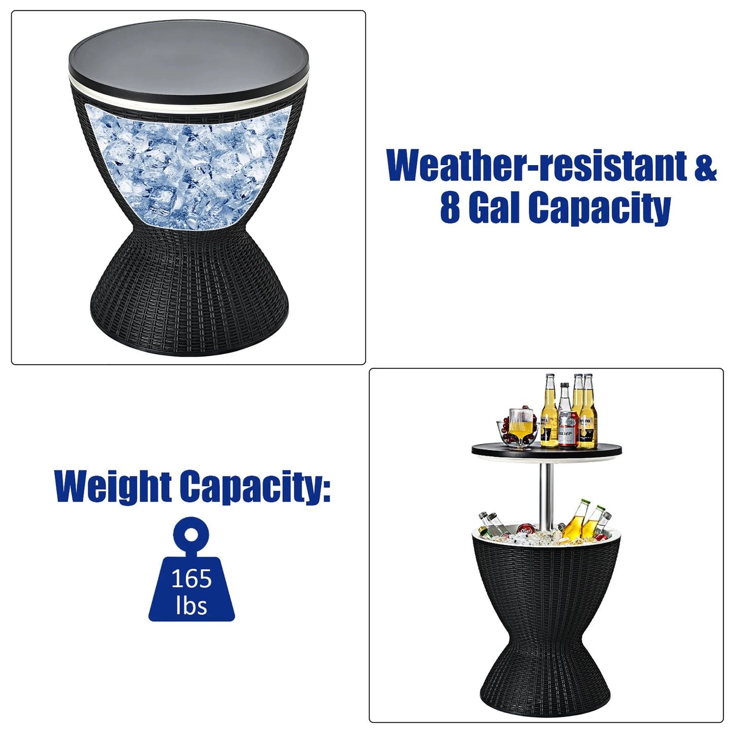 8 Gallon 3 in 1 Patio Rattan Cooler Bar Table Adjust Ice Bucket Black