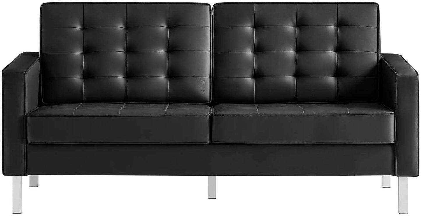Loft Tufted Button Faux Leather Upholstered Loveseat in Silver Black