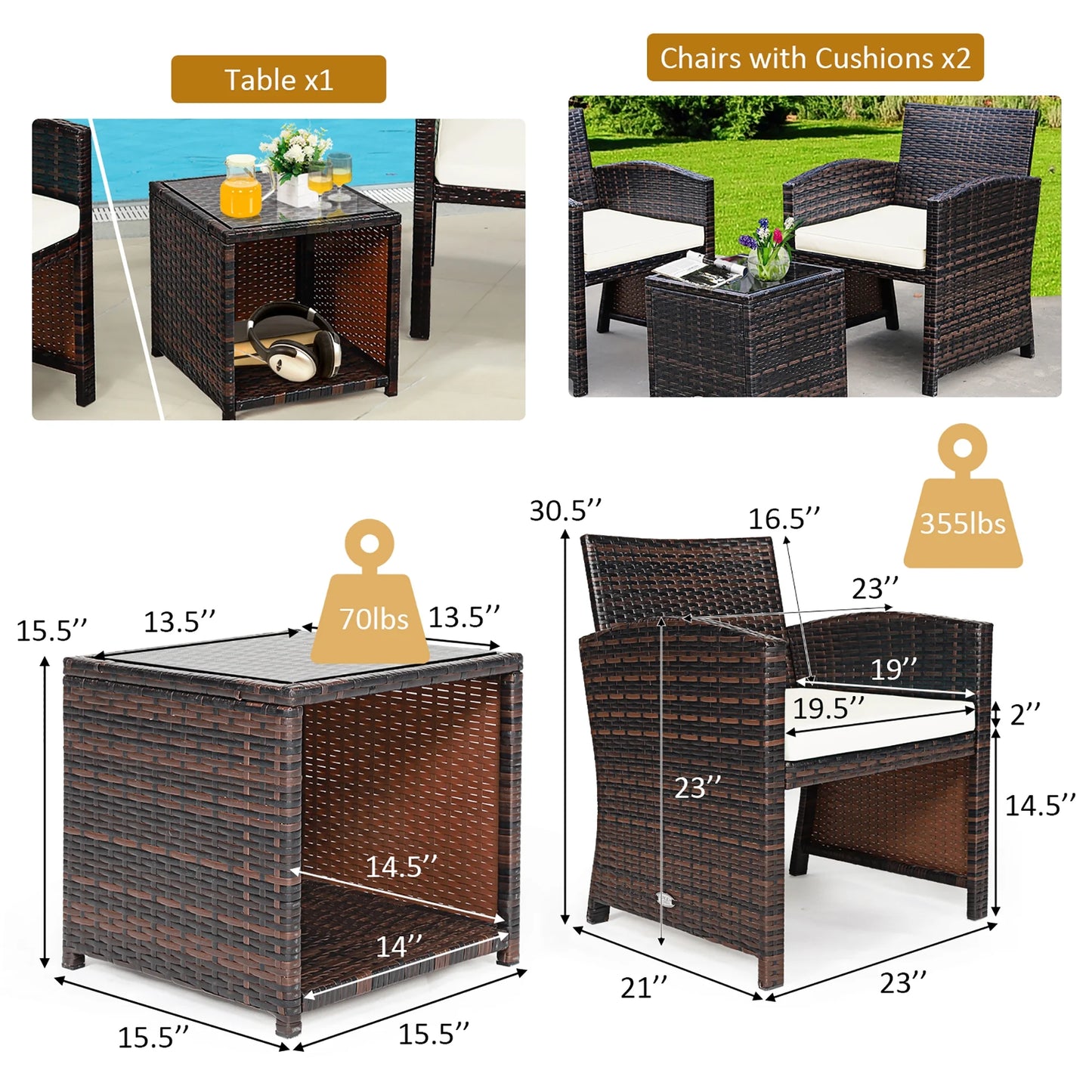 3PCS Patio Rattan Wicker Furniture Cushion Sofa Coffee Table White