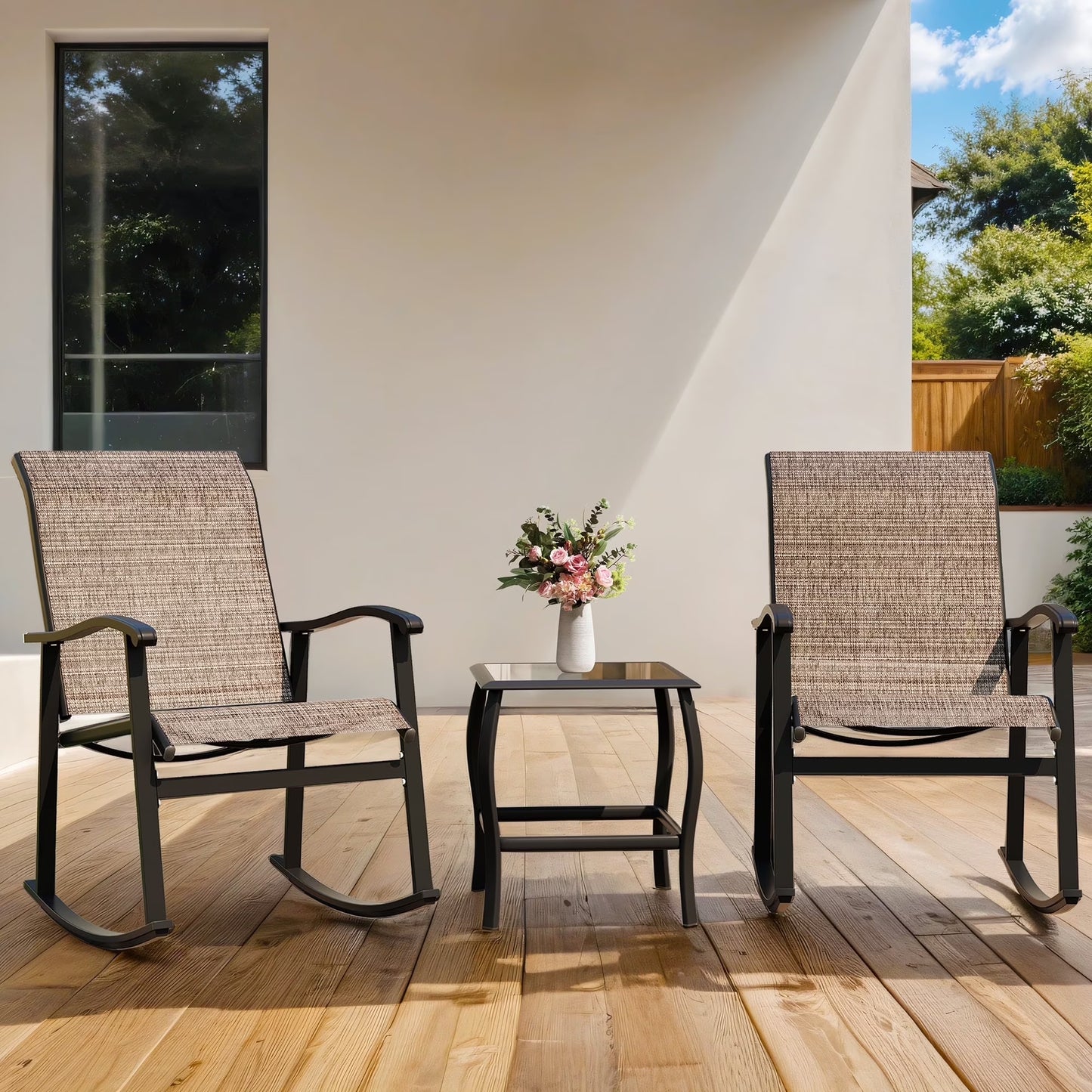 3 Pieces Rocking Bistro Patio Furniture Rocker Set with 2 Outdoor Rocking Chairs and 1 Glass Coffee Table for Porch Deck Lawn,Deep Blue