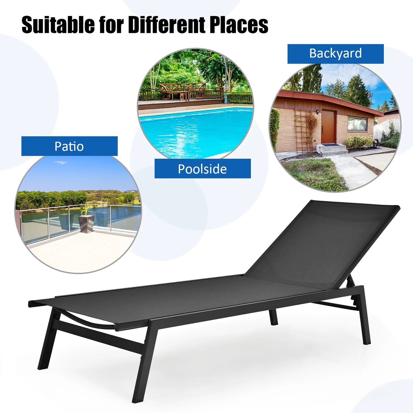 Patio Lounge Chair Chaise Recliner Back Adjustable Garden Deck Black