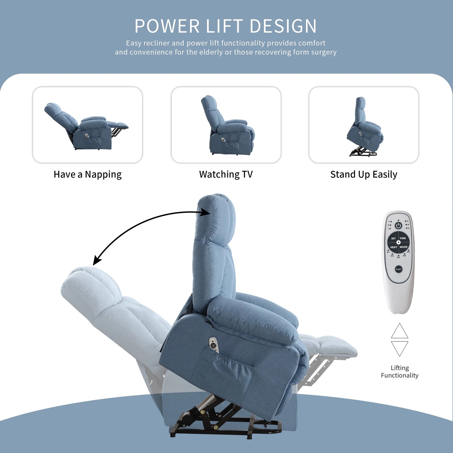 Power Lift Recliner Chair Recliners for Elderly with Heat and Massage Recliner Chair for Living Room with Infinite Position and Side Pocket,Usb Charge Port,Blue