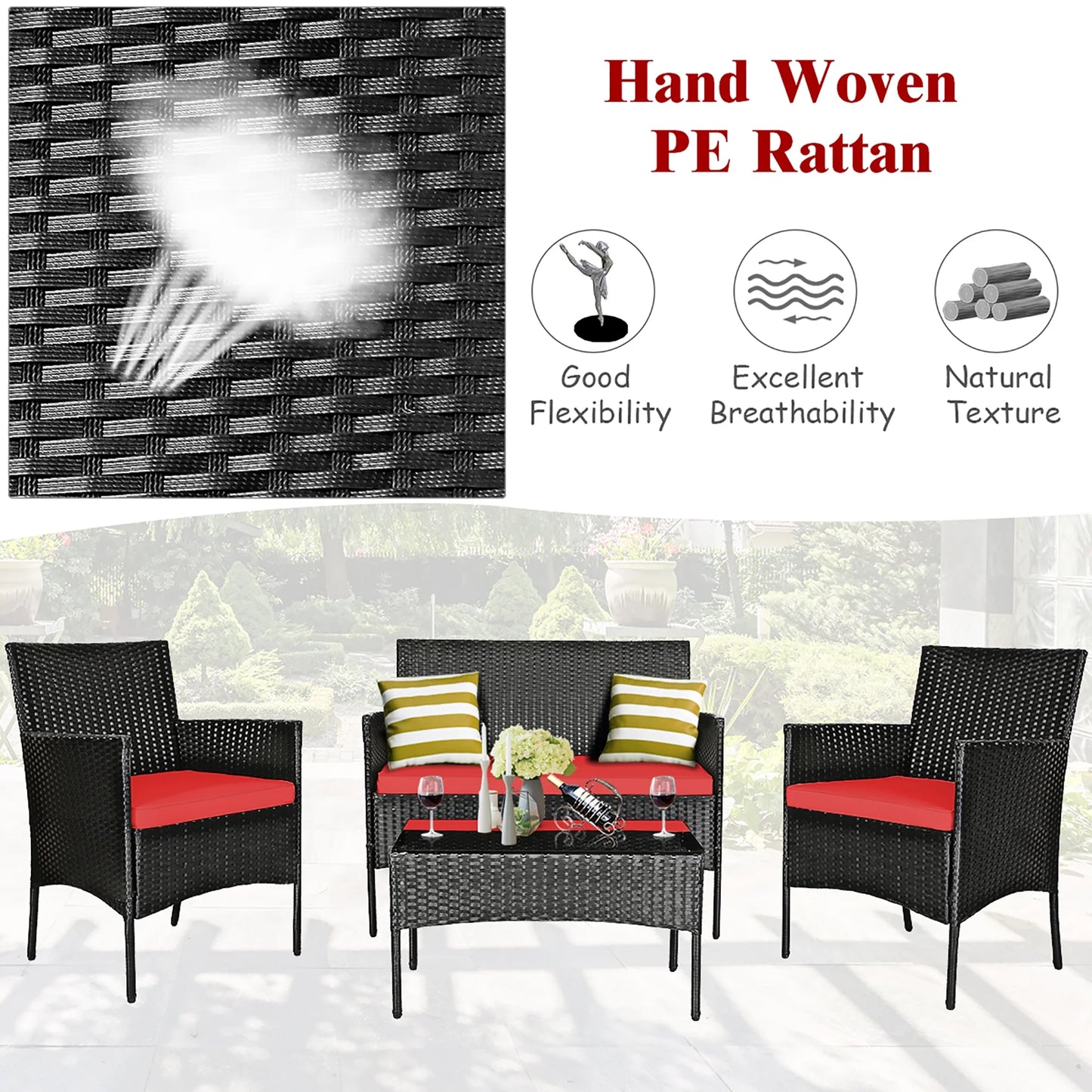 4PCS Patio Rattan Furniture Set Cushioned Sofa Coffee Table Backyard Porch Red