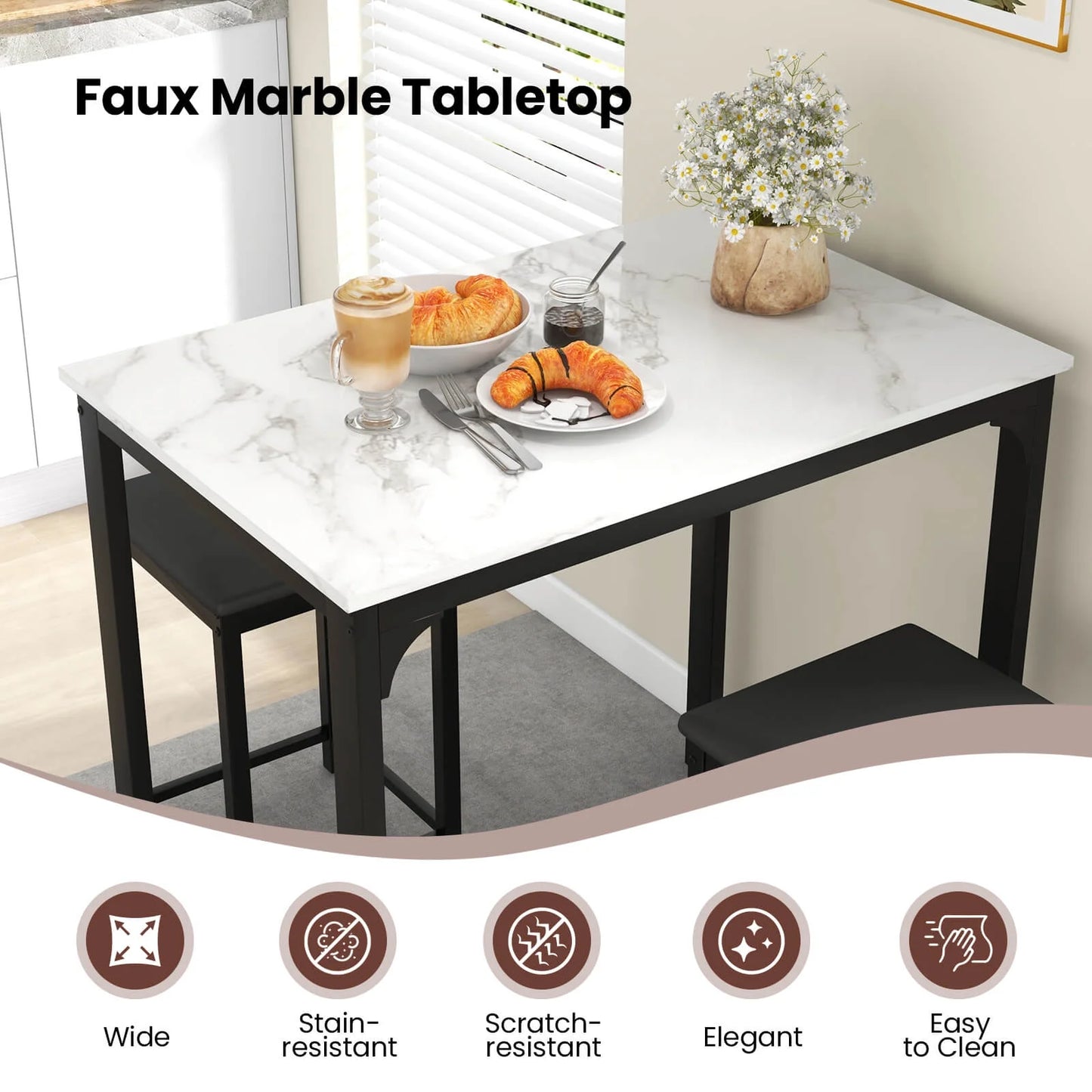 3 Piece Counter Height Dining Set Faux Marble Table and 2 Chairs Kitchen Bar