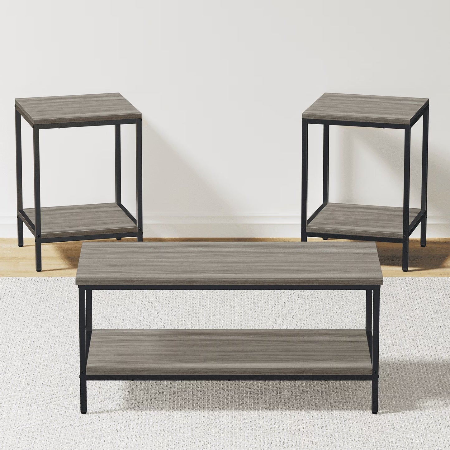 3-Piece Coffee Table Set for Living Room, End Table Set with Storage, Includes 1 Coffee Table and 2 End Tables, Rock Gray