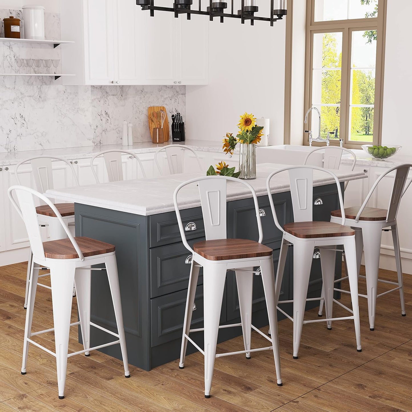Metal Bar Stools Set of 4,26 Inch Barstools Counter Height Bar Stool with Backs Farmhouse Bar Stools with Larger Seat High Back Kitchen Dining Chairs Modern Bar Chairs White Cream Stool