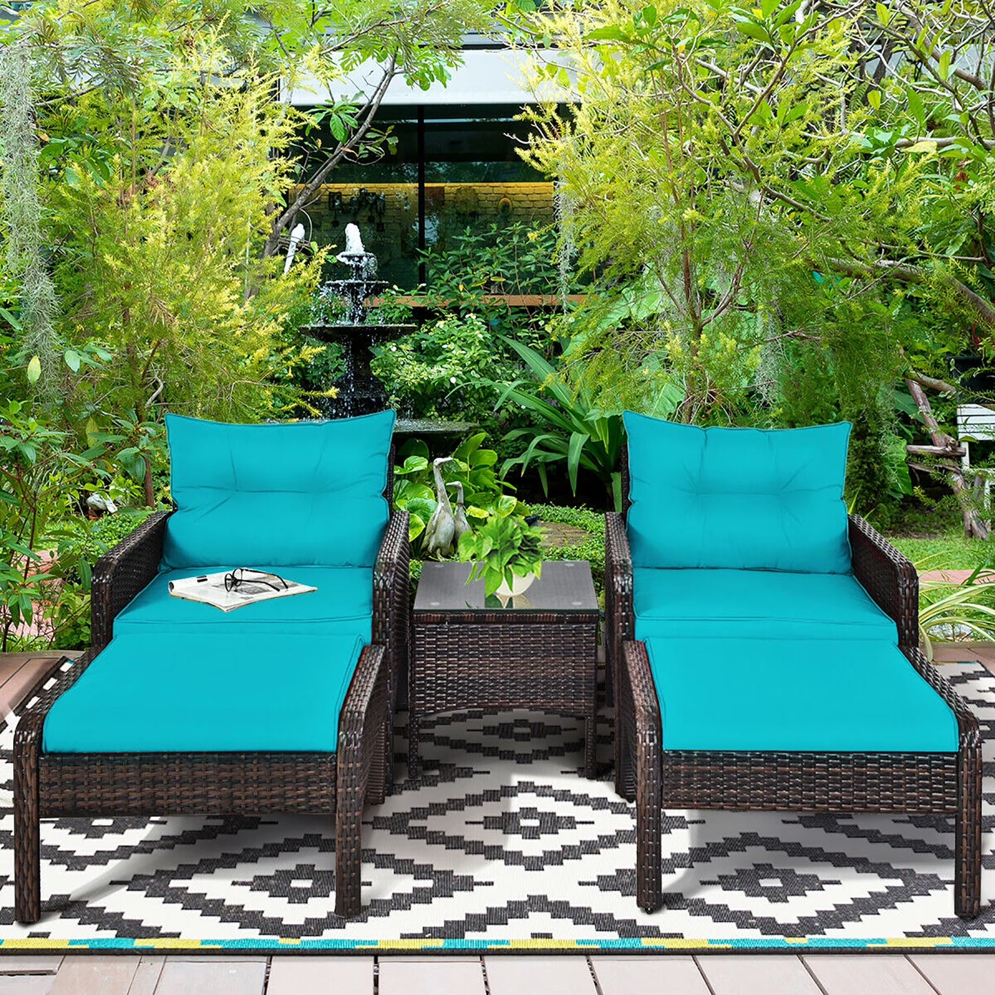 5 PCS Patio Rattan Furniture Set Sofa Ottoman Table Cushioned Yard Red