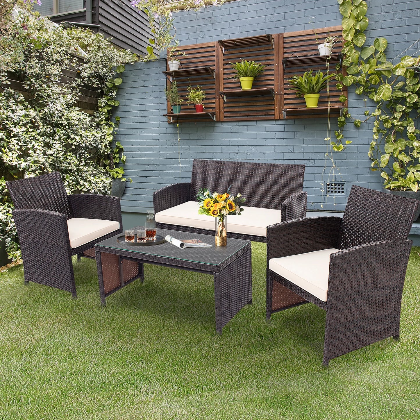 4PCS Patio Rattan Furniture Set Cushioned Chair Sofa Coffee Table Turquoise