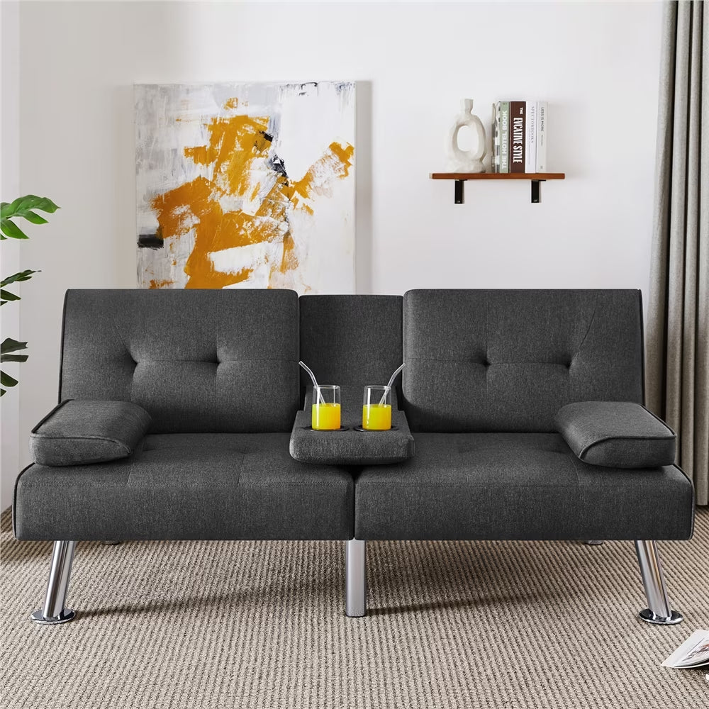 Fabric Upholstered Convertible Futon Sofa Bed with Cup Holders and Pillows, Black