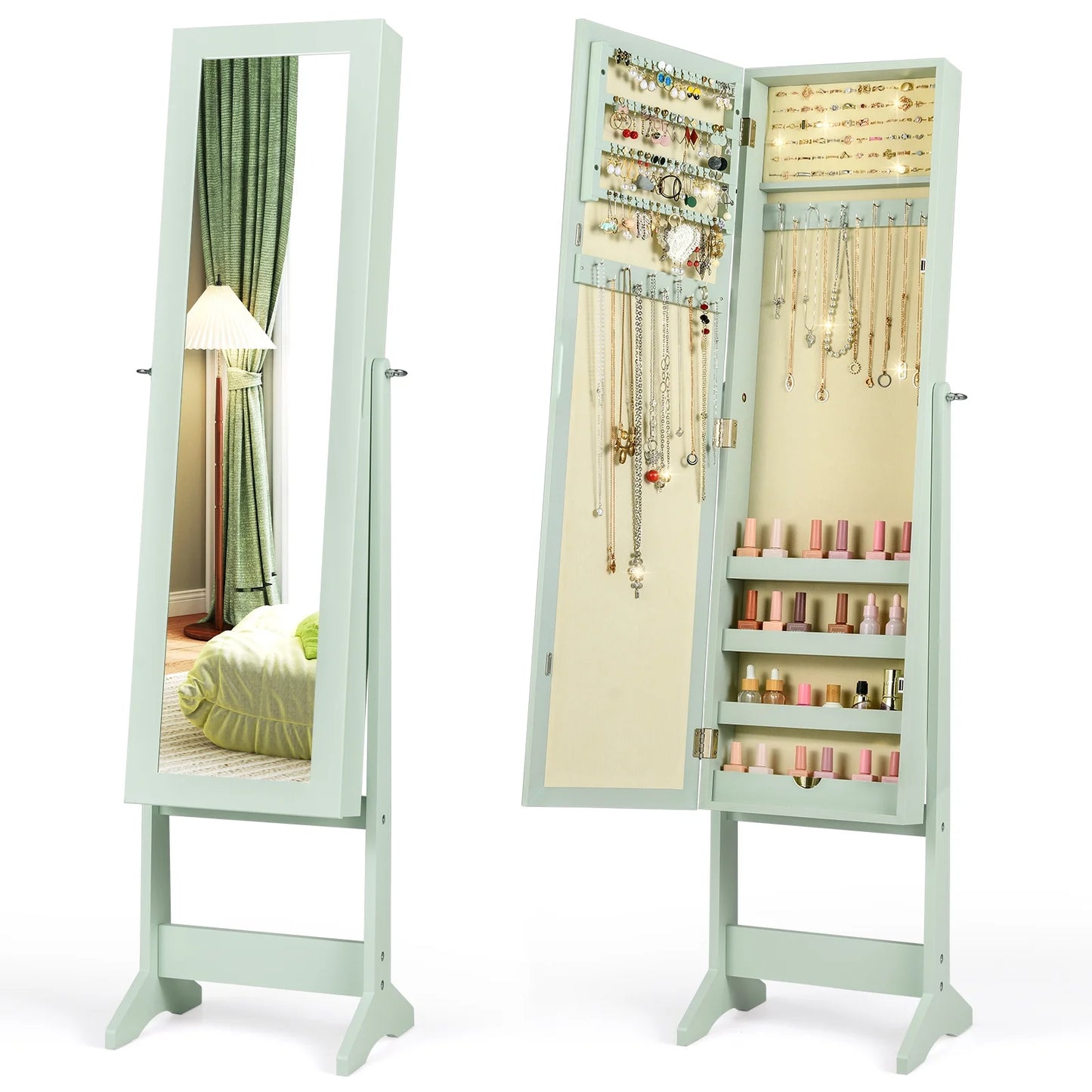 Mirrored Jewelry Cabinet Mirror Organizer Storage Ring Stand