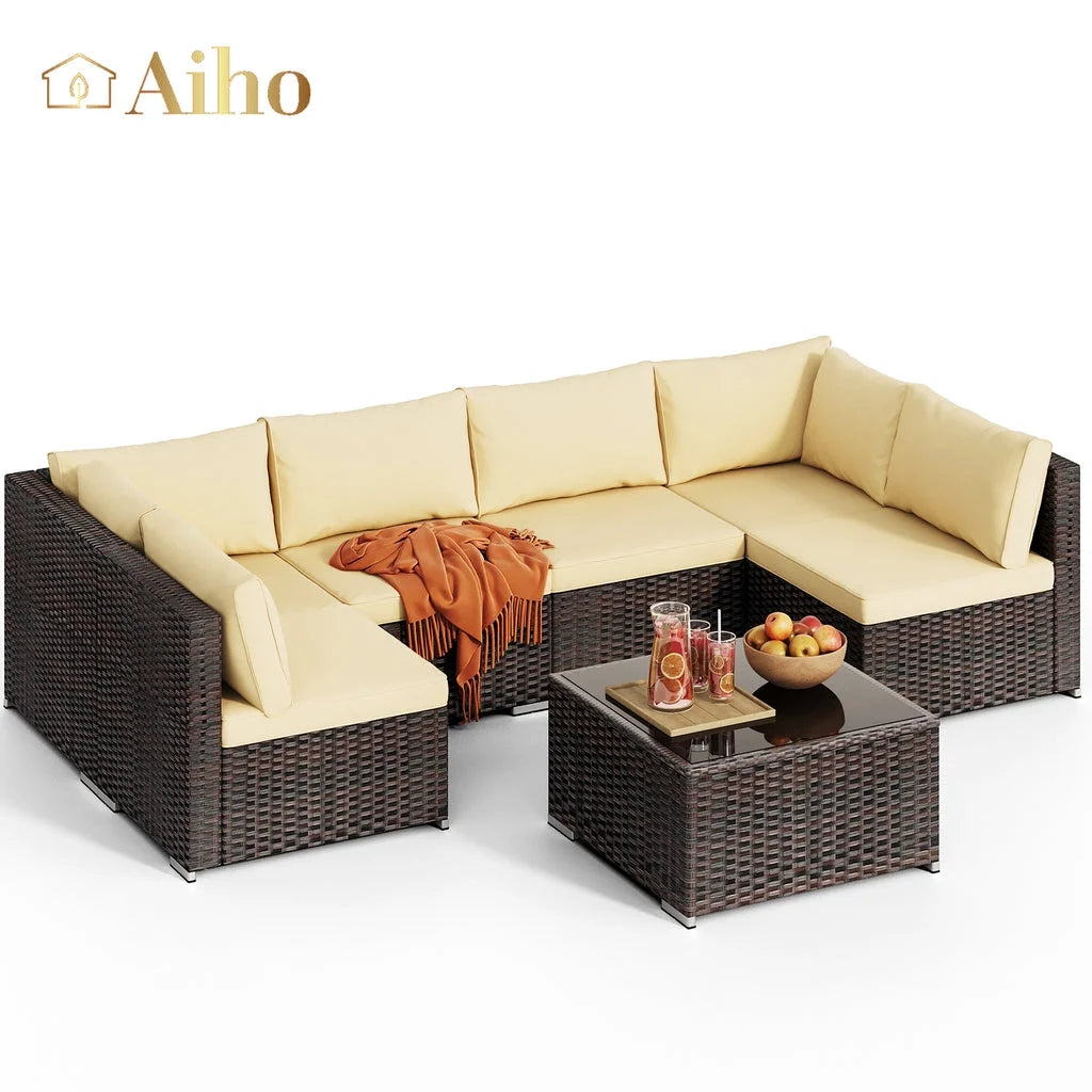7 Piece Patio Furniture Sets, Outdoor Sectional Sofa with Glass Coffee Table & Cushions for Patio - Beige