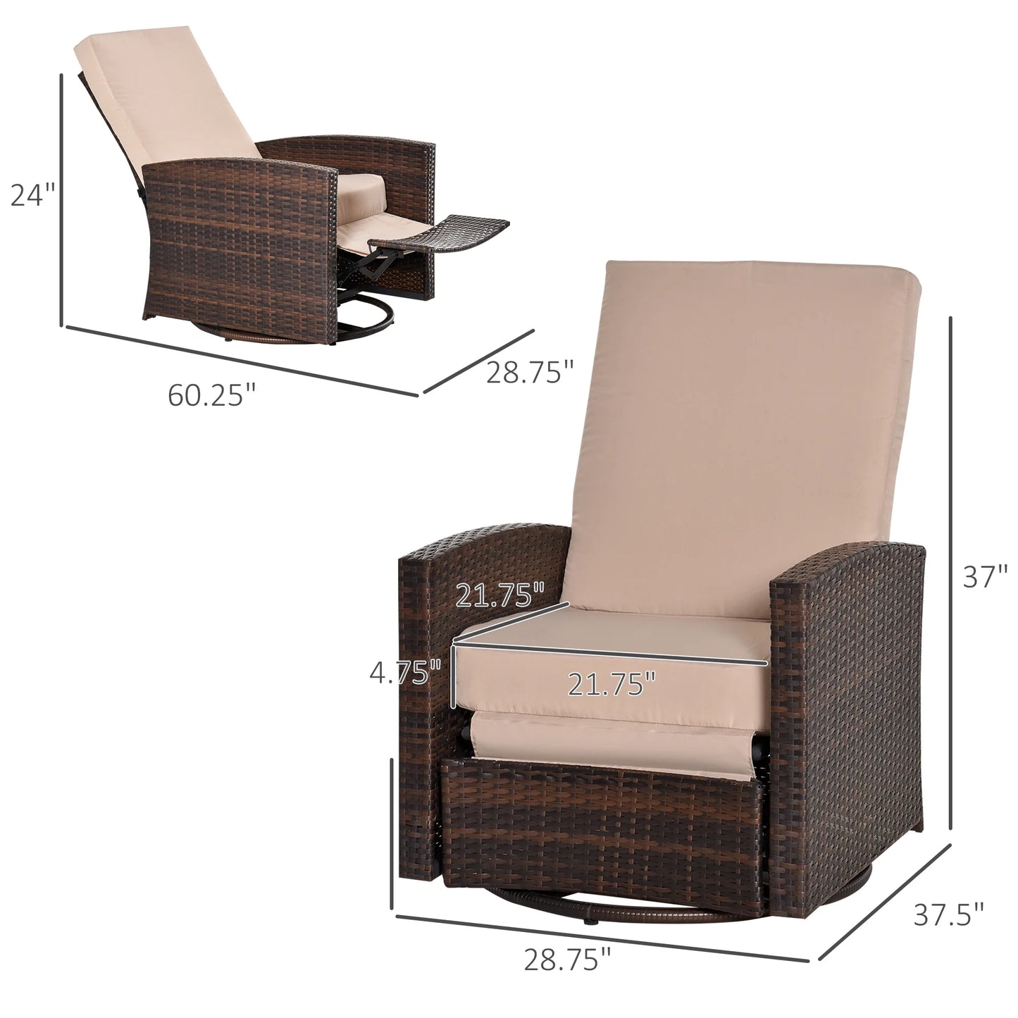 Reclining Rattan 360° Swivel Chair Patio Cushioned Recliner