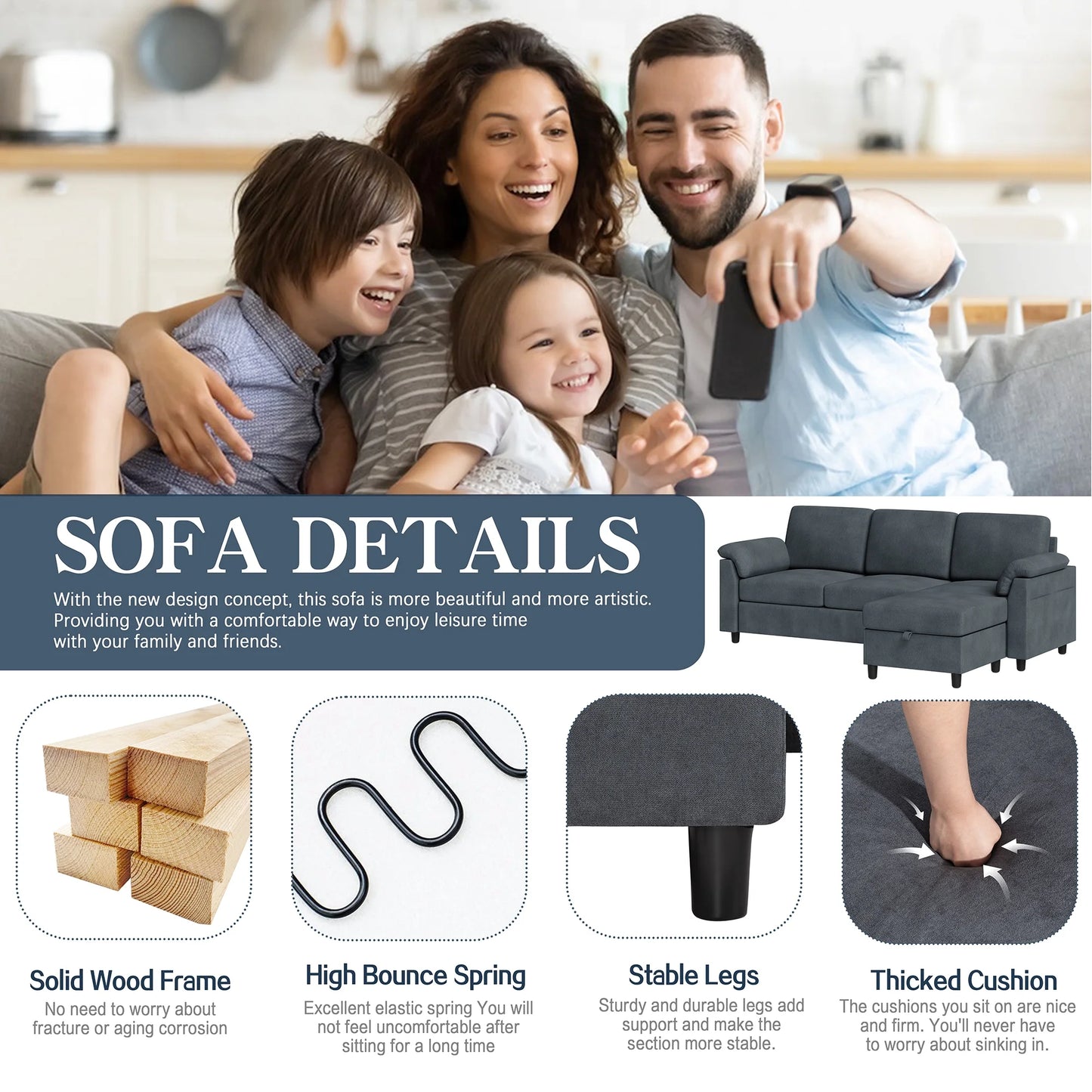 79.1" Sectional Sofa with Movable Storage Ottoman, L-Shaped Convertible Sofa Couch for Small Living Room, Dark Gray