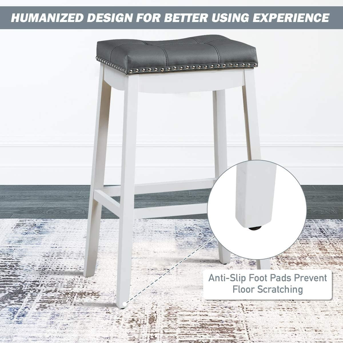 Bar Stools Set of 2, 29-Inch Height Backless Counter Stool with Footrest, Soft Seat Cushion, Wood Legs and Non-Slip Foot Pad, Saddle Stools for Home Kitchen Living Room, Stone Gray+White