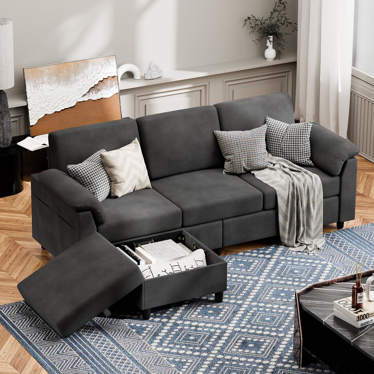 Sectional Sofa with Movable Storage Ottoman, L-Shaped Convertible Sofa Couch for Small Living Room, Beige