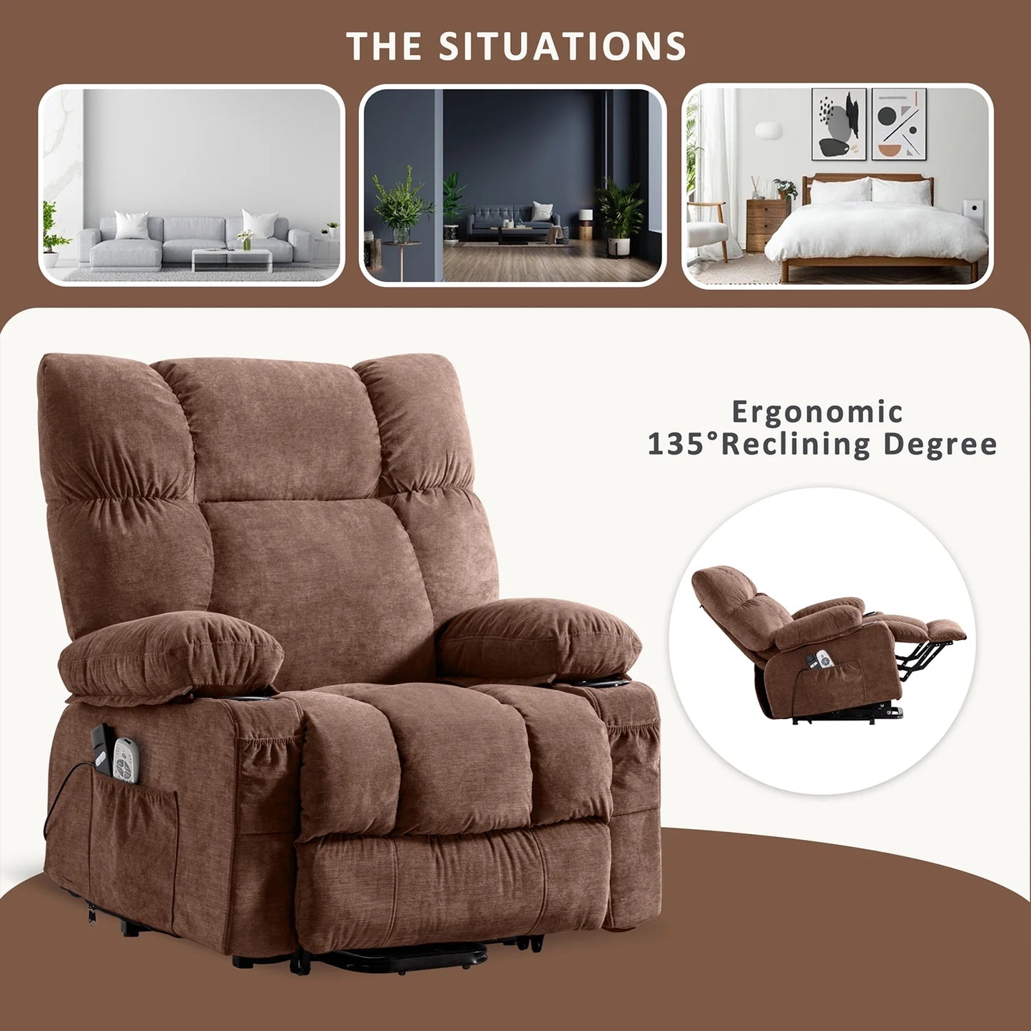 Power Lift Recliner Chair Recliners for Elderly with Heat and Massage Recliner Chair for Living Room with Infinite Position and Side Pocket,Usb Charge Port,Brown