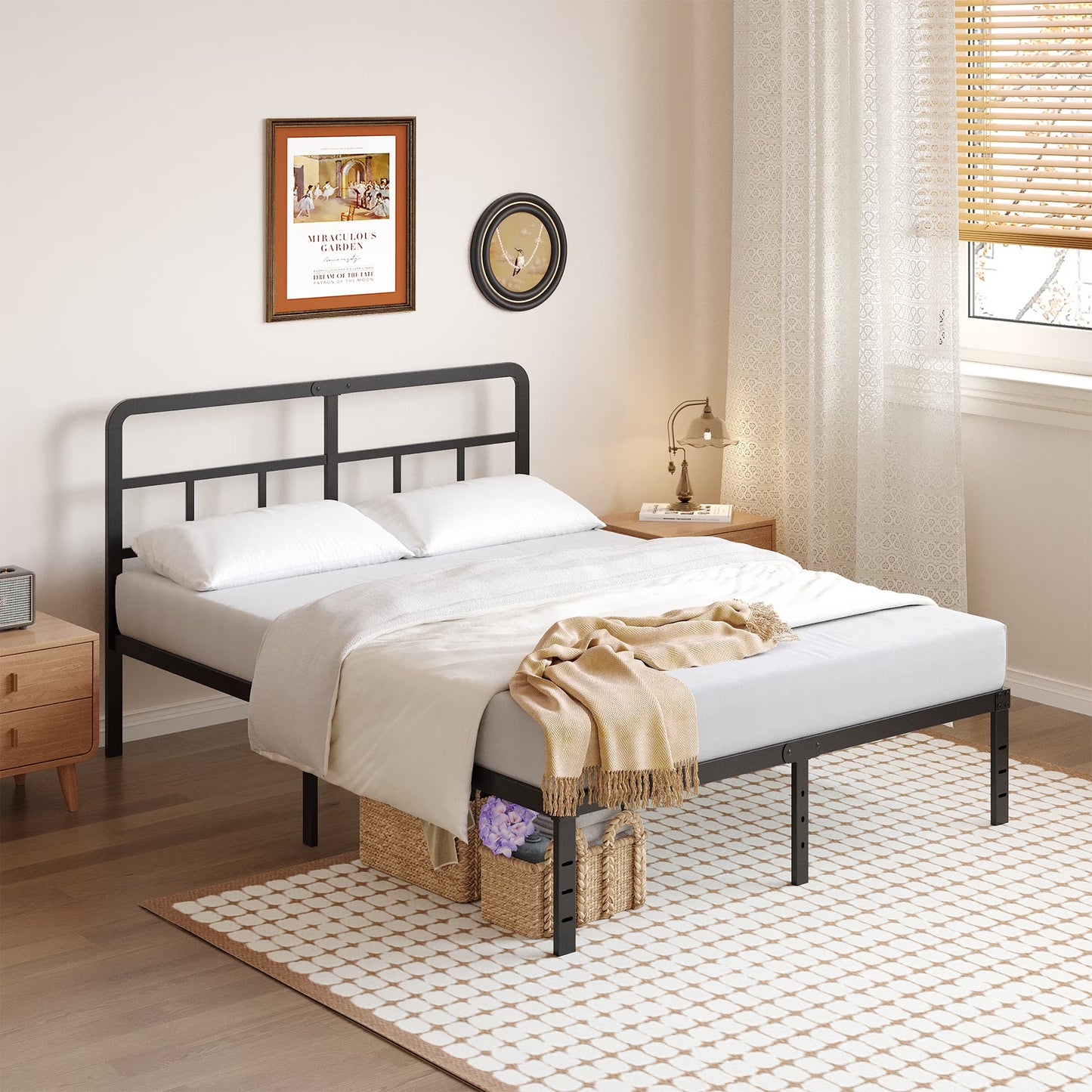 Metal Platform California King Bed Frames with Headboard, 14 Inch No Box Spring Needed Heavy Duty Steel Slat Mattress Foundation/Easy Assembly/Noise Free/Black
