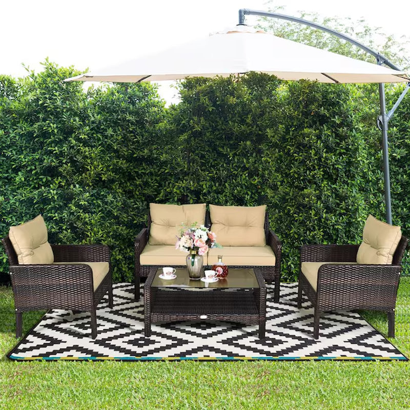 Rattan Outdoor Sofa with Brown Cushions and Steel Frame