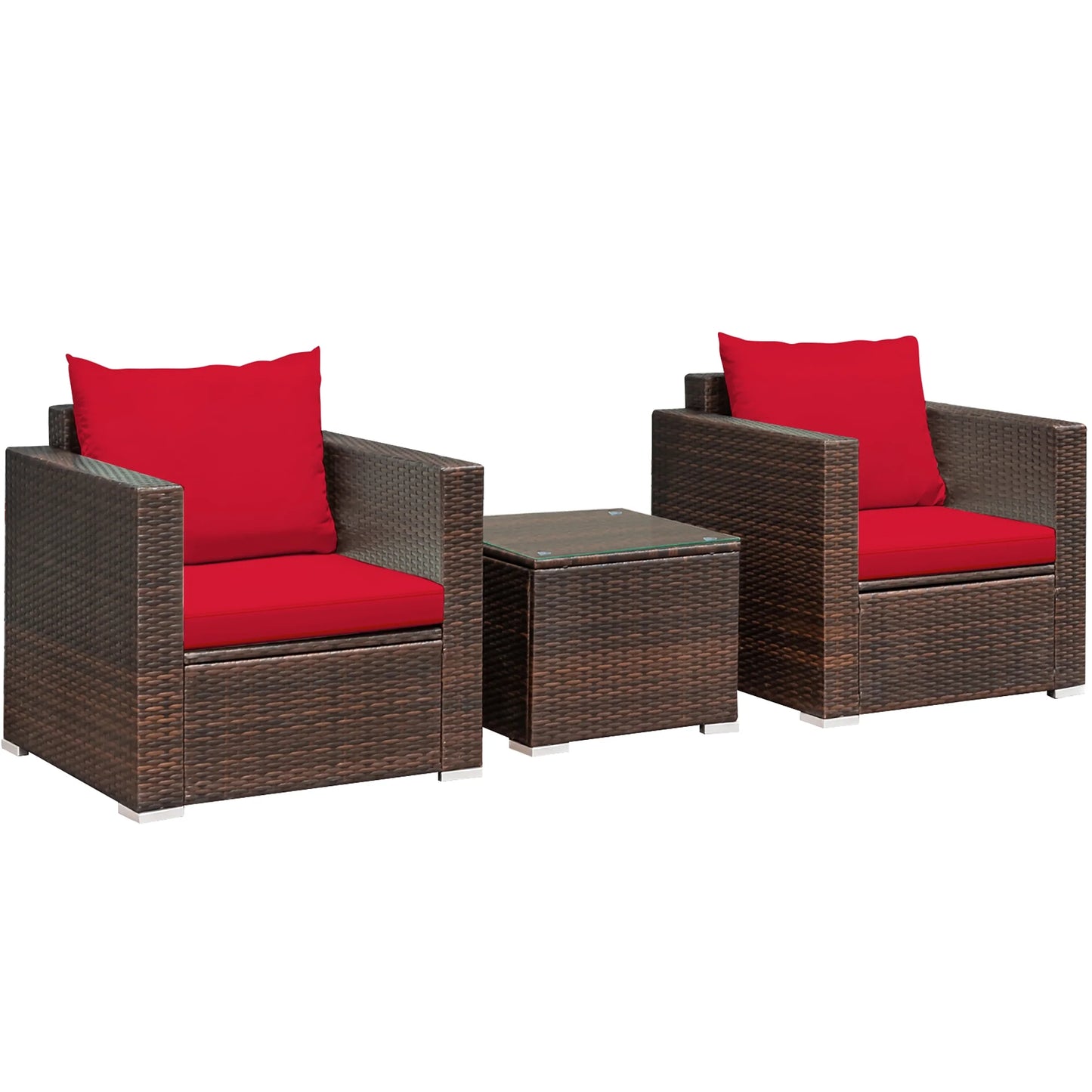 3PCS Patio Rattan Furniture Set Conversation Sofa Cushioned Garden Red