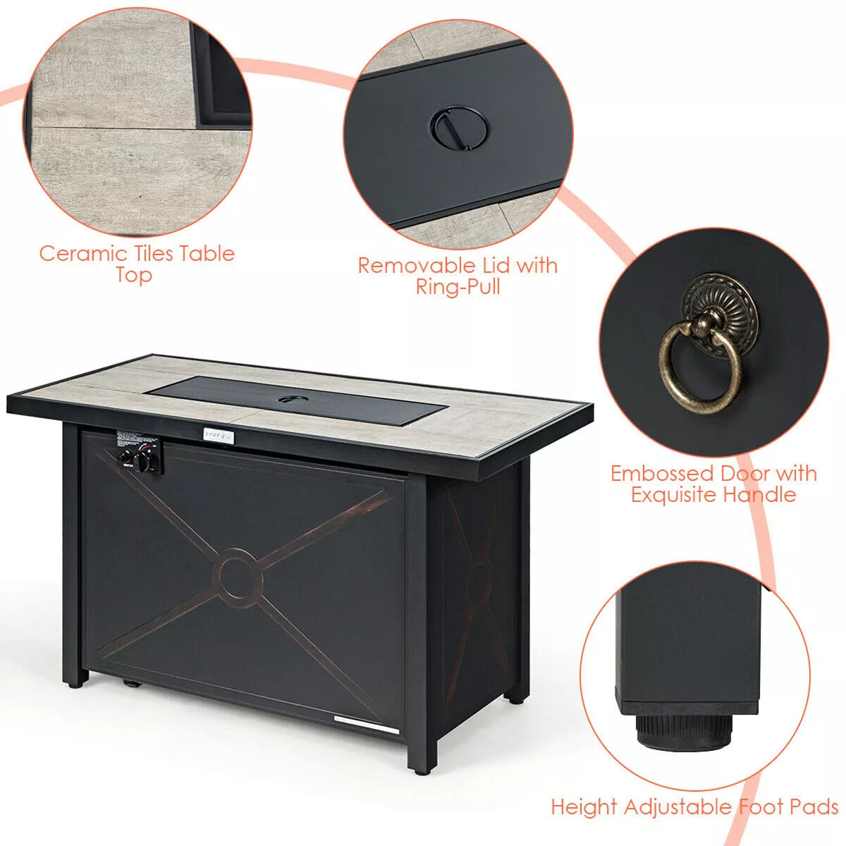 Costway 60,000 BTU 42'' Rectangular Propane Gas Fire Pit Heater Outdoor Table W/ Cover