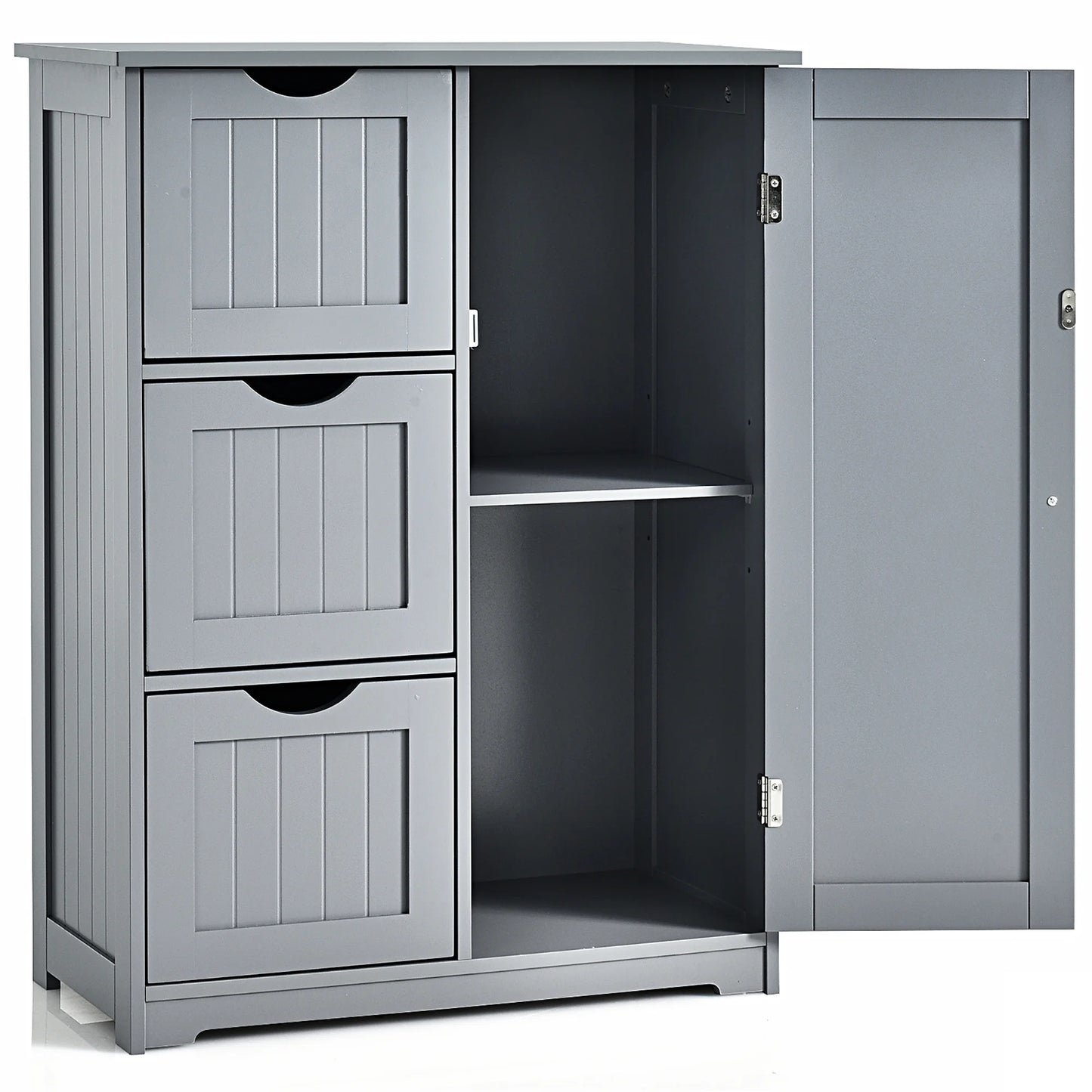 Bathroom Floor Cabinet Side Storage Cabinet with 3 Drawers and 1 Cupboard Grey