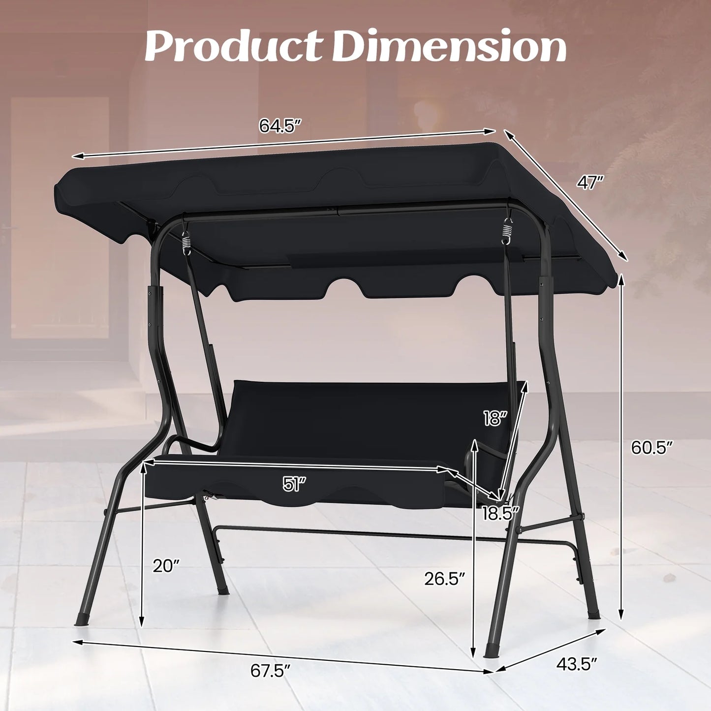 Patio 3 Seats Canopy Porch Swing Glider Hammock Cushioned Steel Frame Outdoor Black