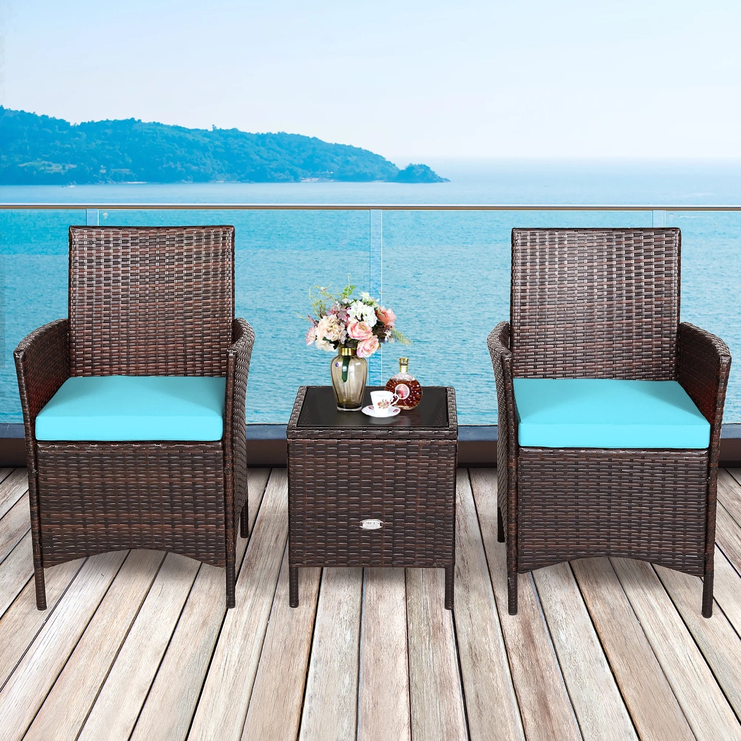3PCS Patio Rattan Furniture Set Cushioned Sofa Glass Tabletop Deck Red