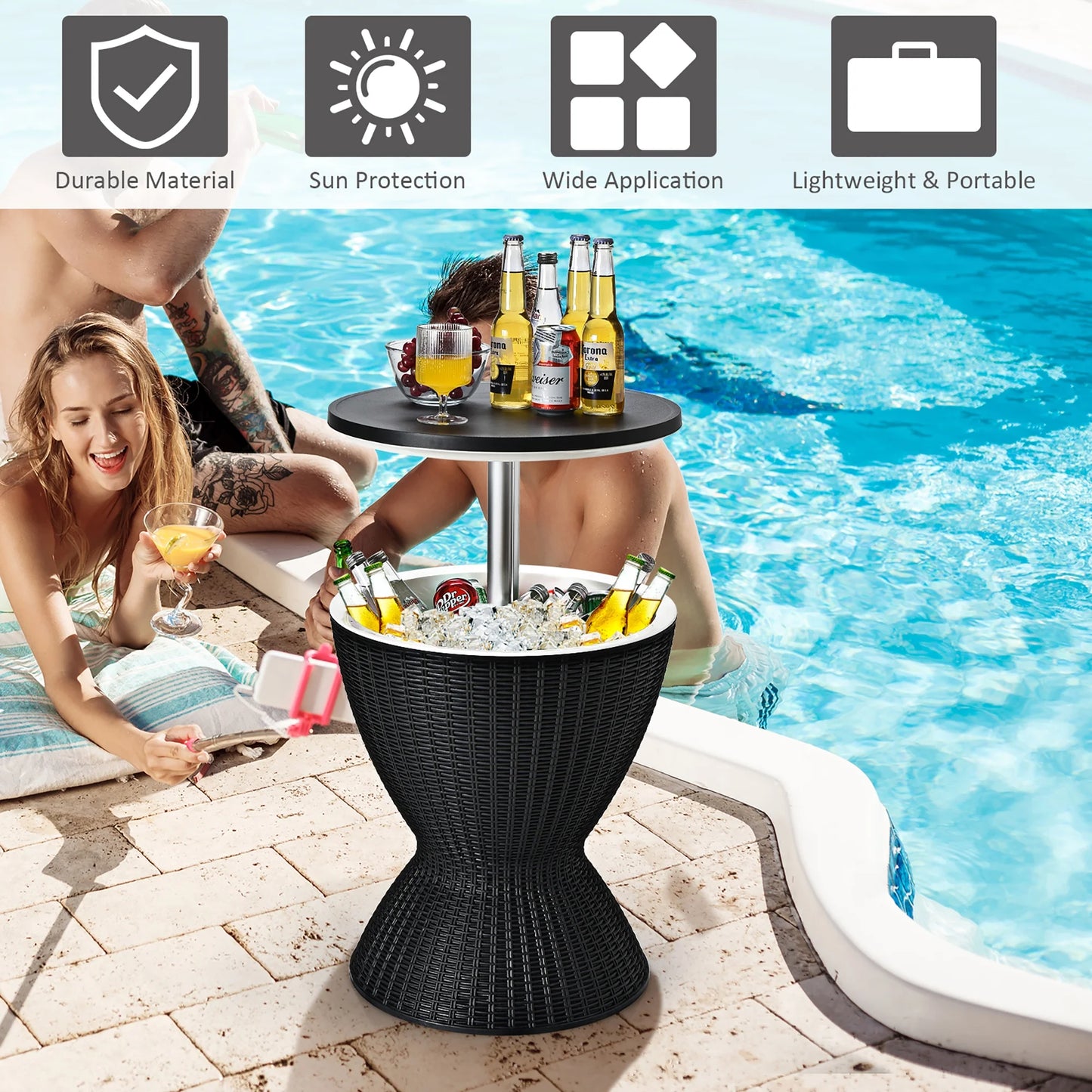 8 Gallon 3 in 1 Patio Rattan Cooler Bar Table Adjust Ice Bucket Black