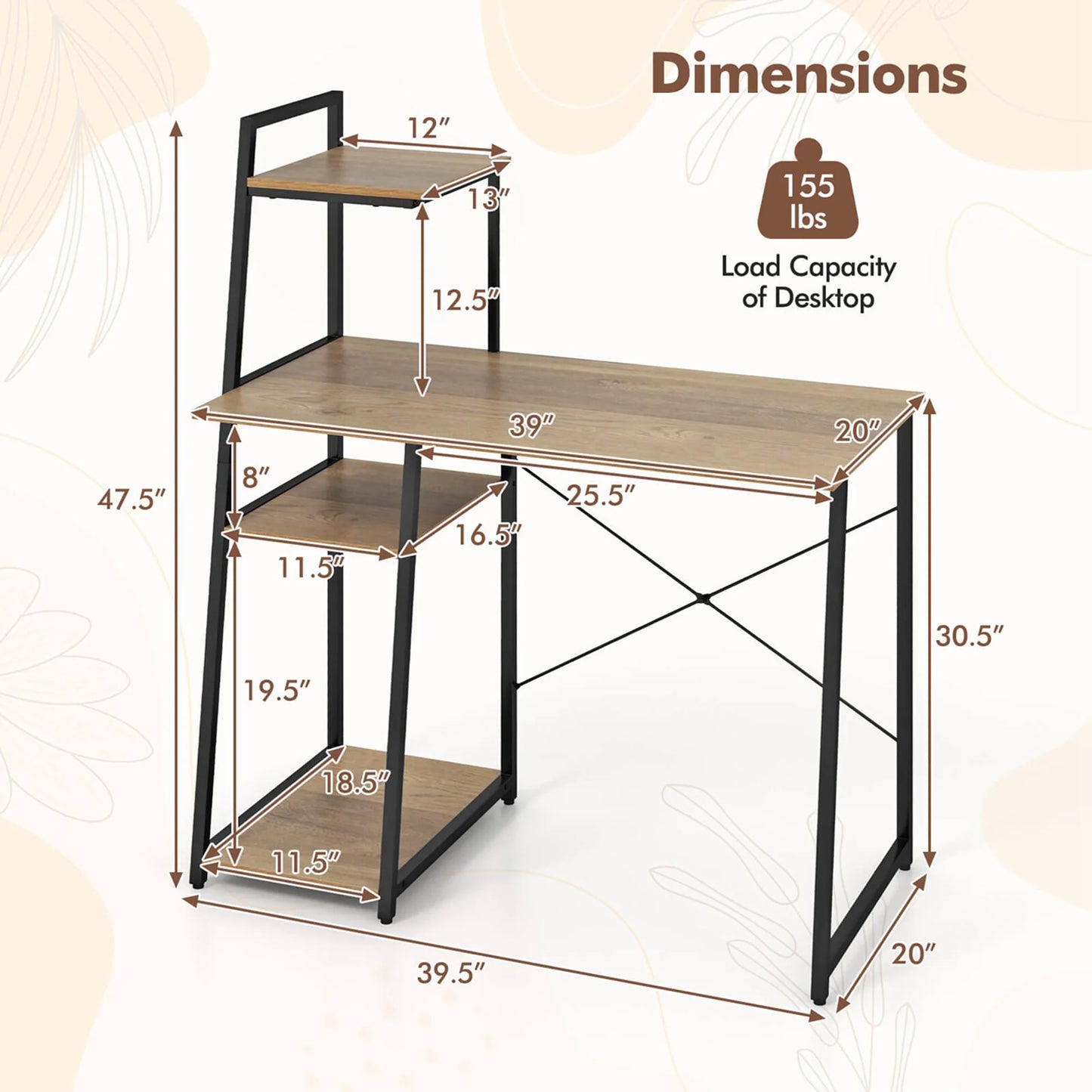 Home Office Desk with Bookshelf Host Stand Metal Frame Study Writing Desk