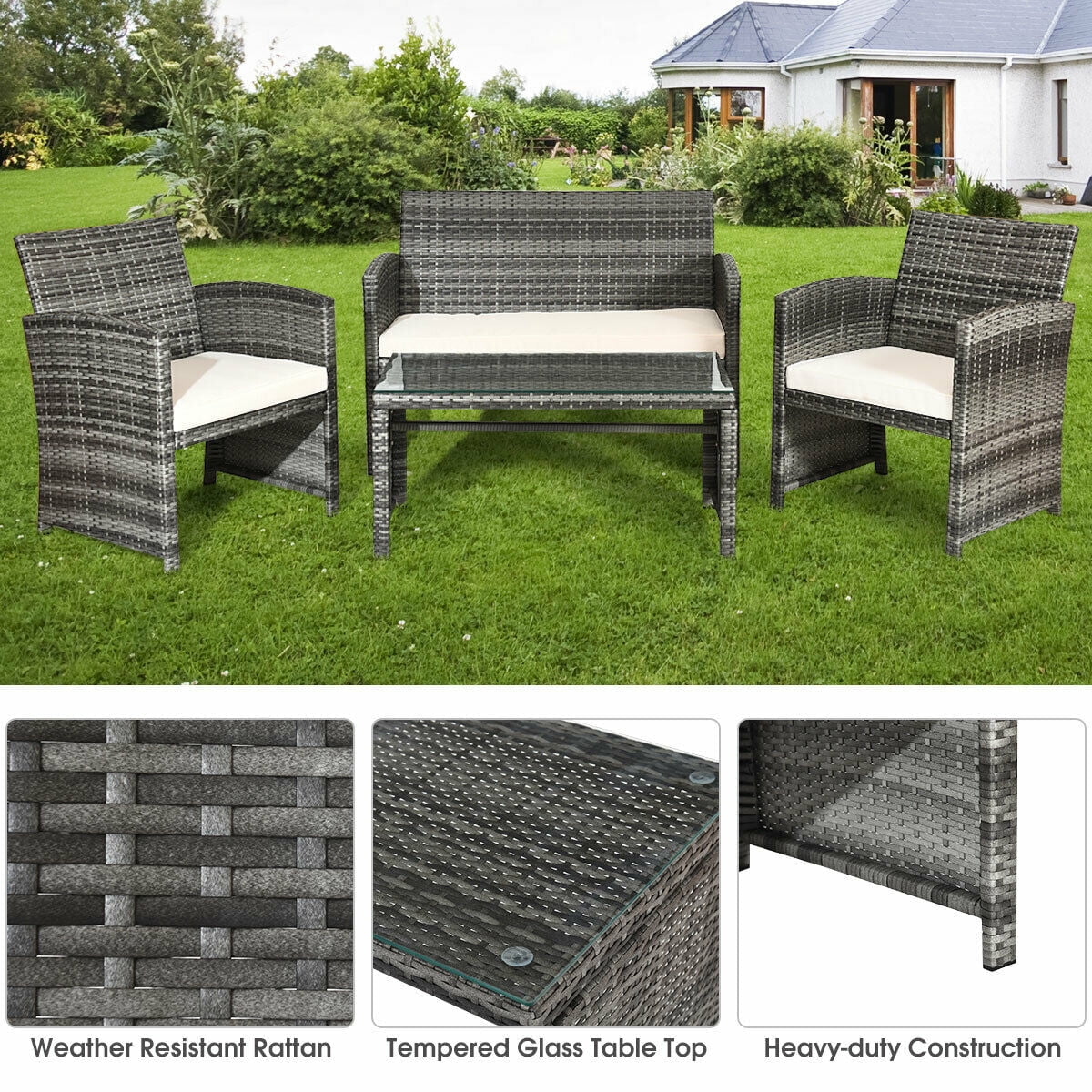 4PCS Rattan Patio Furniture Set Garden Sofa Cushioned Seat Mix Gray Wicker