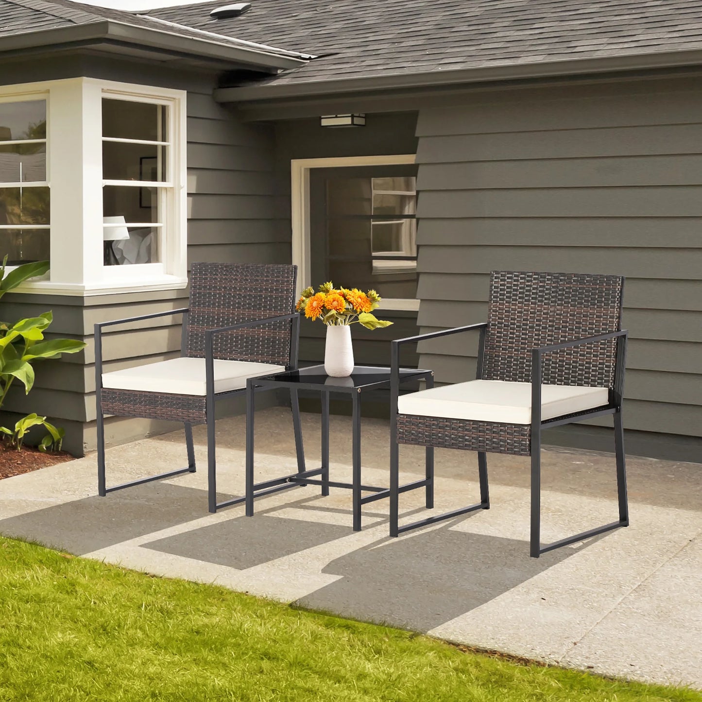3Pcs Patio Furniture Set Heavy Duty Cushioned Wicker Rattan Chairs Table