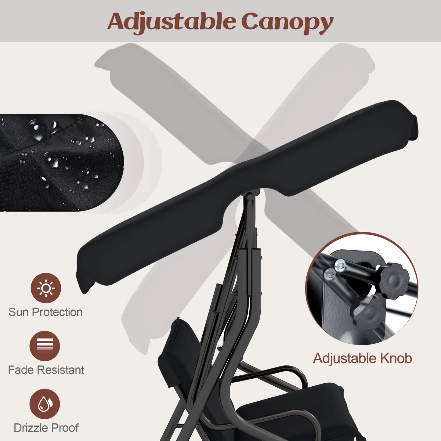 Patio 3 Seats Canopy Porch Swing Glider Hammock Cushioned Steel Frame Outdoor Black