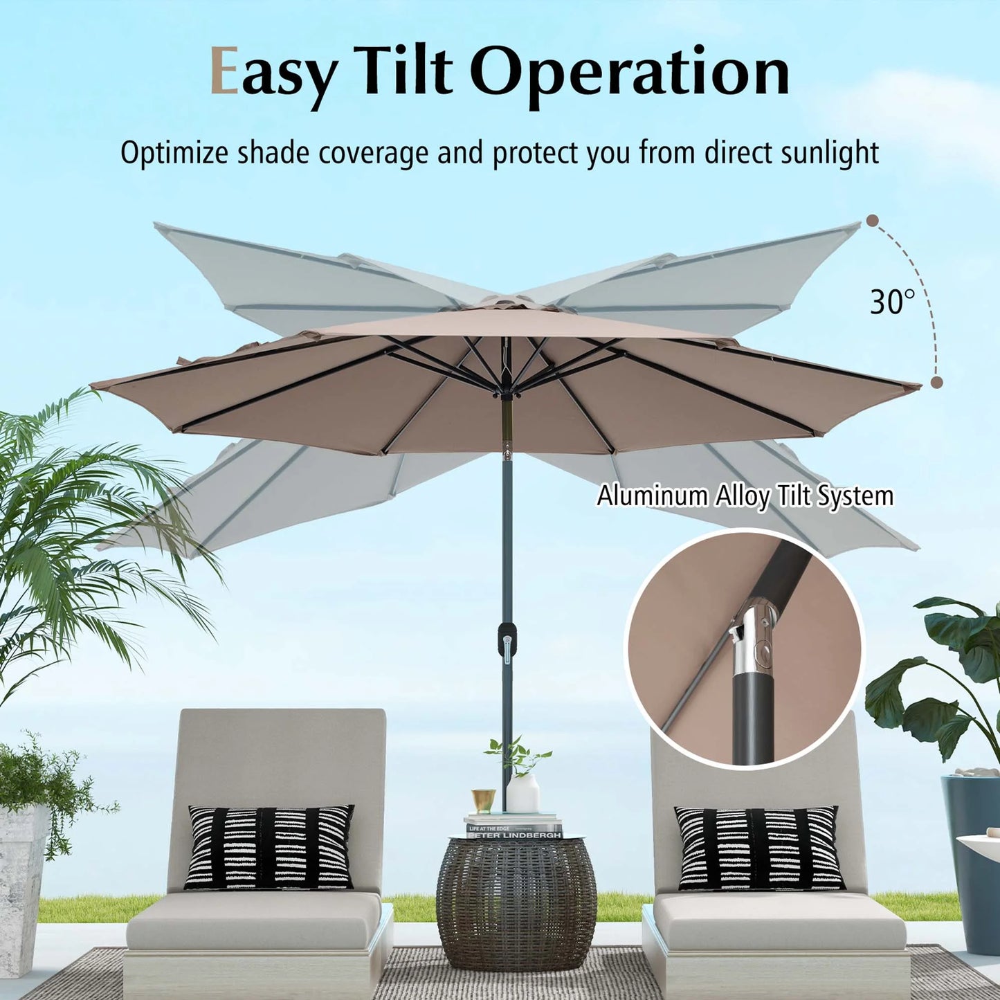 Outdoor Heavy Duty Market Umbrella with Tilt Mechanism Crank Handle 8 Sturdy Ribs Tan