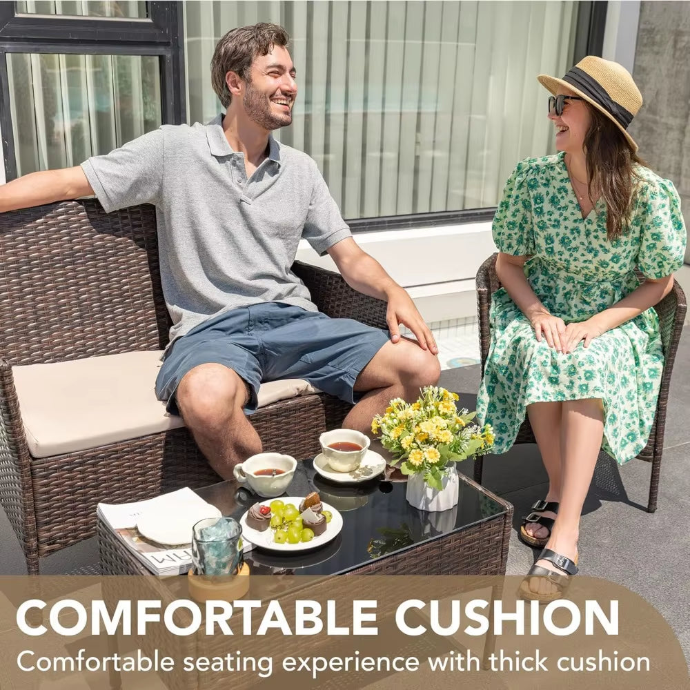 4 Pieces Outdoor Patio Furniture Set, PE Rattan Wicker Chairs Balcony Lawn Porch Patio Furniture Sets with Beige Cushion and Ta