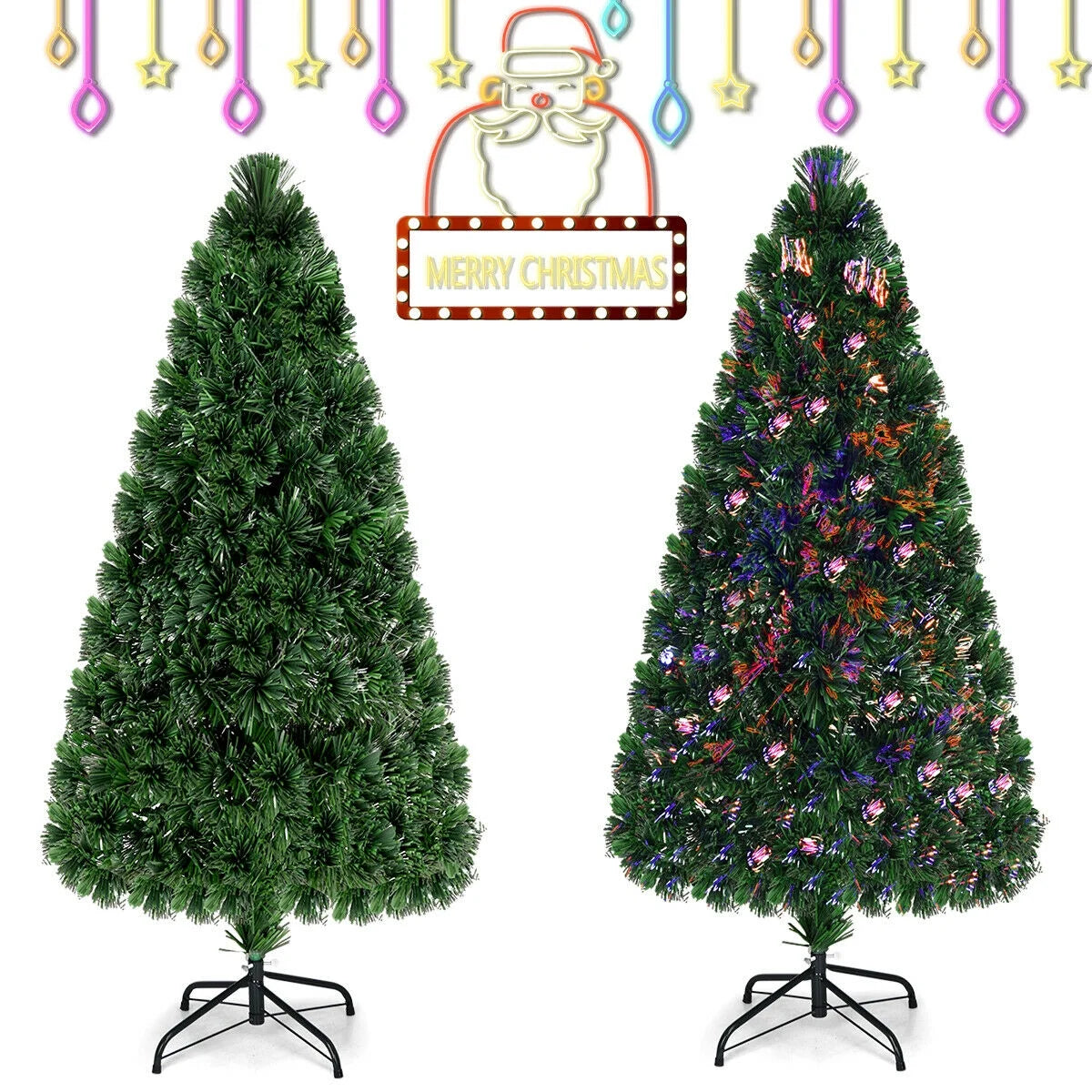5Ft Pre-Lit Fiber Optic PVC Christmas Tree Metal Holiday