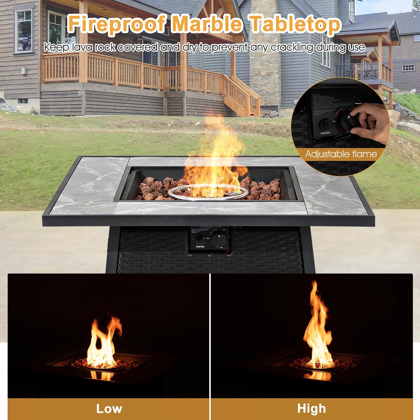 35'' Propane Gas Fire Pit Table Patio PE Wicker Rattan W/ Lava Rocks PVC Cover