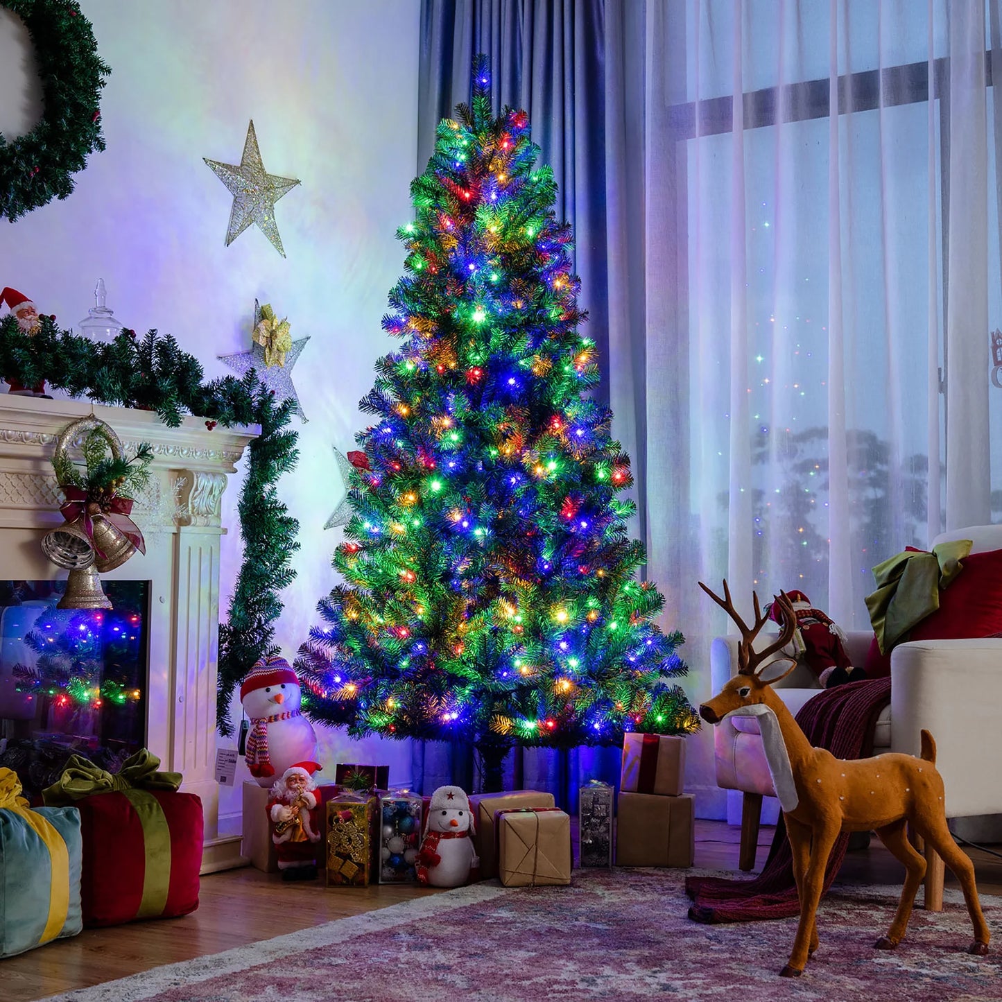 7Ft Pre-Lit Hinged Christmas Tree W/ Remote Control & 9 Lighting Modes