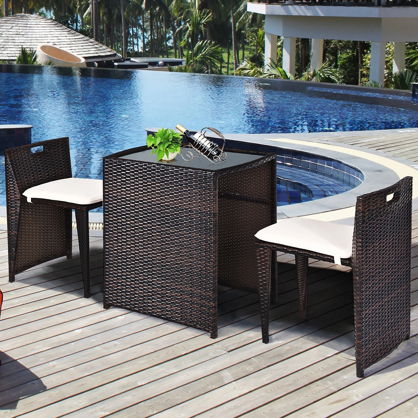 3PCS Outdoor Patio Rattan Furniture Set Space Saving Garden Deck W/Cushion No Assembly