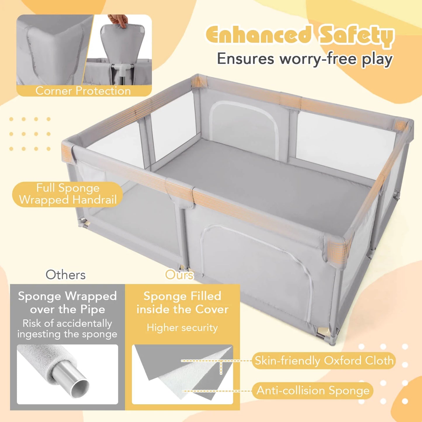 75" X 59" Large Baby Playpen with Breathable Mesh & Zipper Doors Play Yard Fence Gray