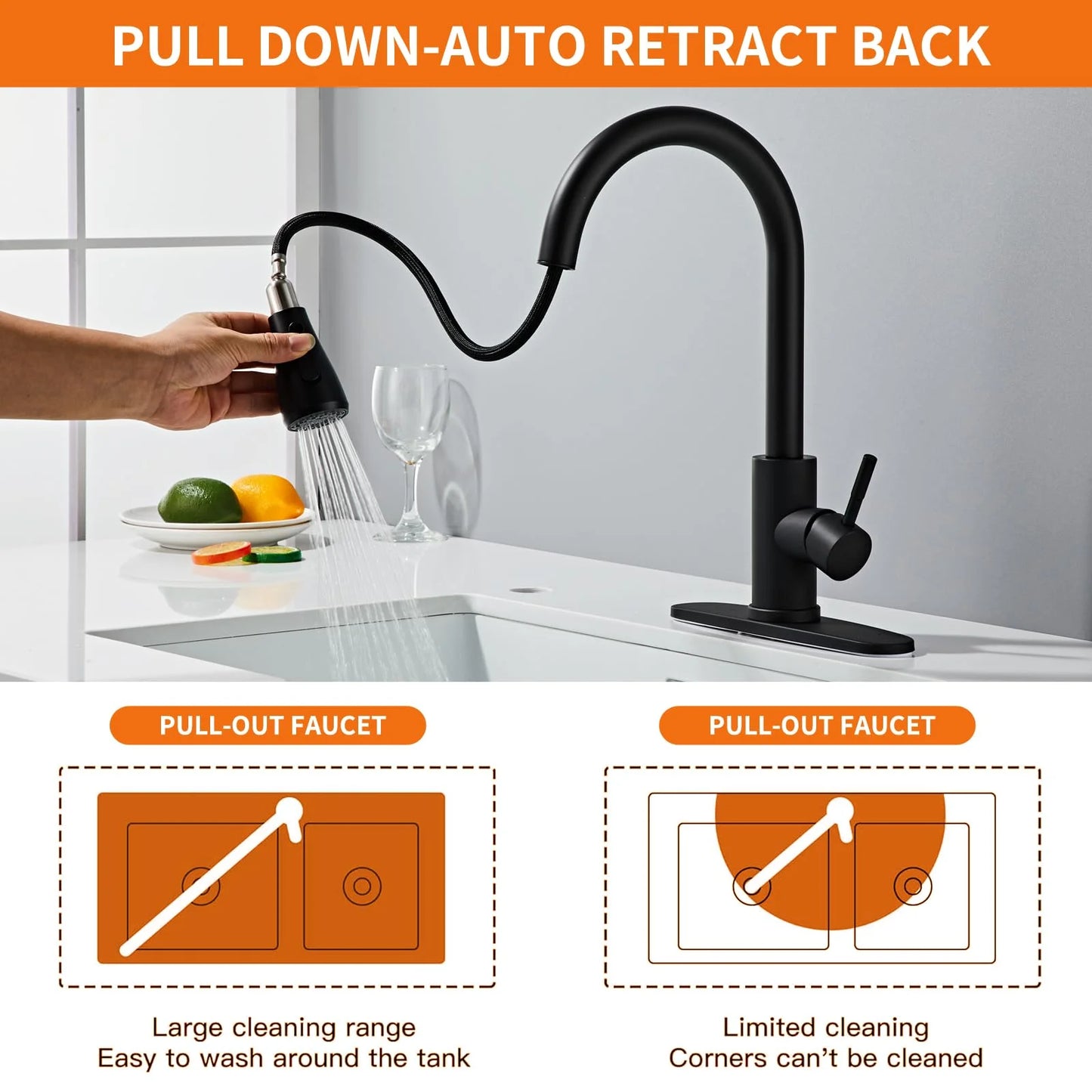 VQJTCVLY Black Kitchen Faucets, Waterfall Kitchen Sink Faucet, Commercial Utility Stainless Steel Kitchen Faucets,Single Handle Kitchen Sink Faucet for 3 Function