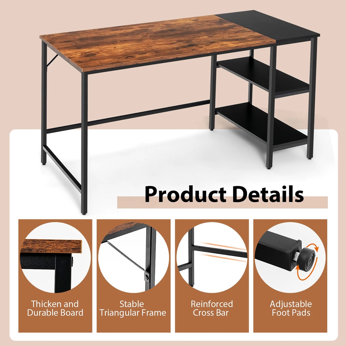 55'' Computer Desk Writing Workstation Study Table Home Office with Bookshelf Rustic
