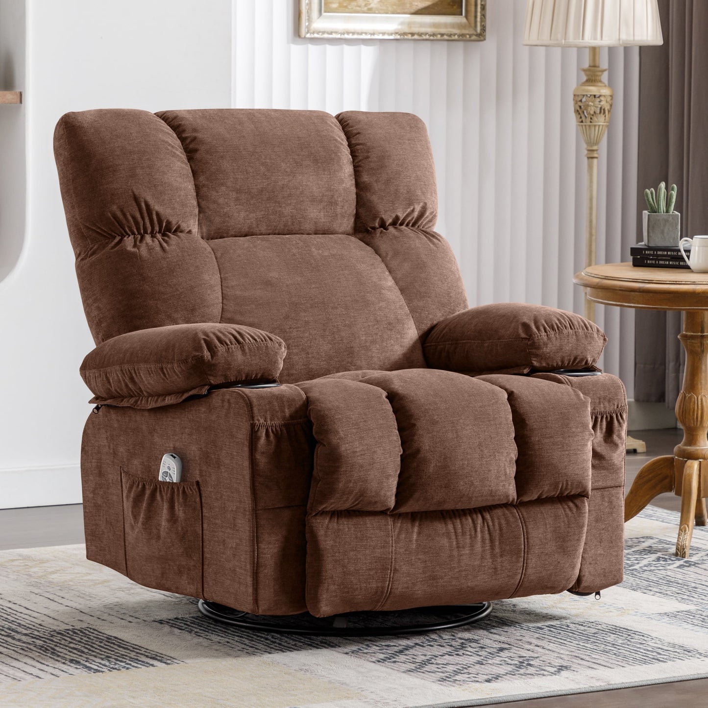 Massage Swivel Rocker Recliner Chair with Vibration Massage and Heat Ergonomic Lounge Chair for Living Room with Rocking Function and Side Pocket, 2 Cup Holders, USB Charge Port,Brown